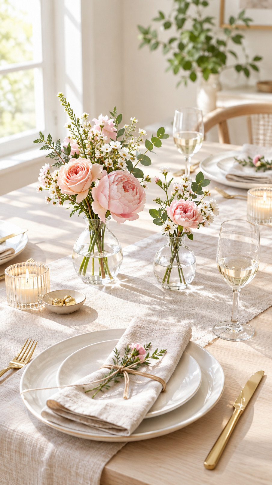 A minimalist Mother's Day tablescape featuring handwritten place cards beside simple place settings on a dining table.
