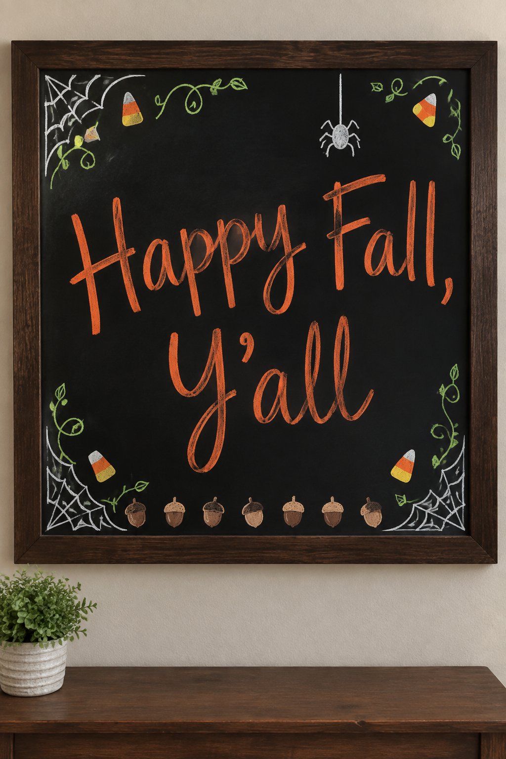 Happy Fall Yall: a framed Halloween chalkboard sign reading "Happy Fall, Y'all", hand-drawn in chalk with a row of small acorns along the bottom edge.
