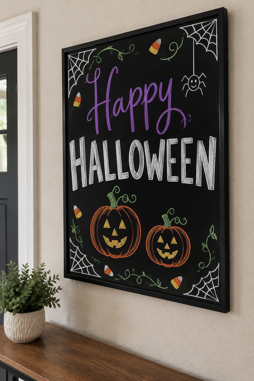 Happy Halloween Porch Sign: a framed Halloween chalkboard sign reading "Happy Halloween", hand-drawn in chalk with two smiling jack-o'-lanterns of different sizes side by side.