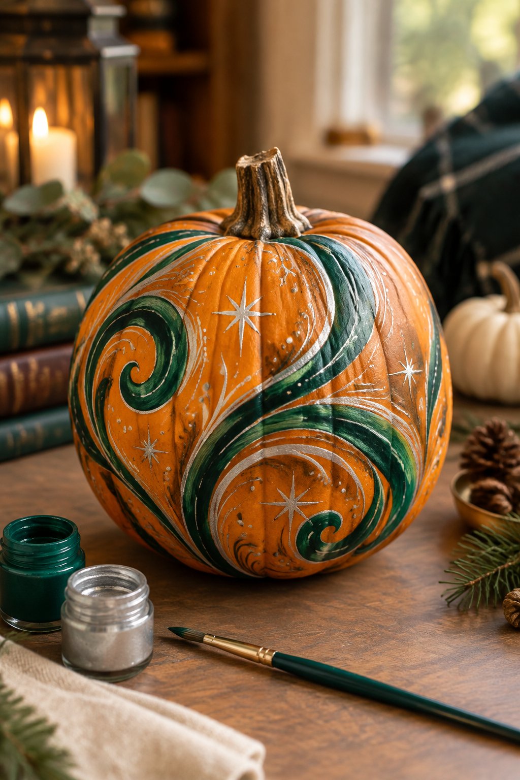 Emerald and Silver Swirls - harry potter pumpkin painting