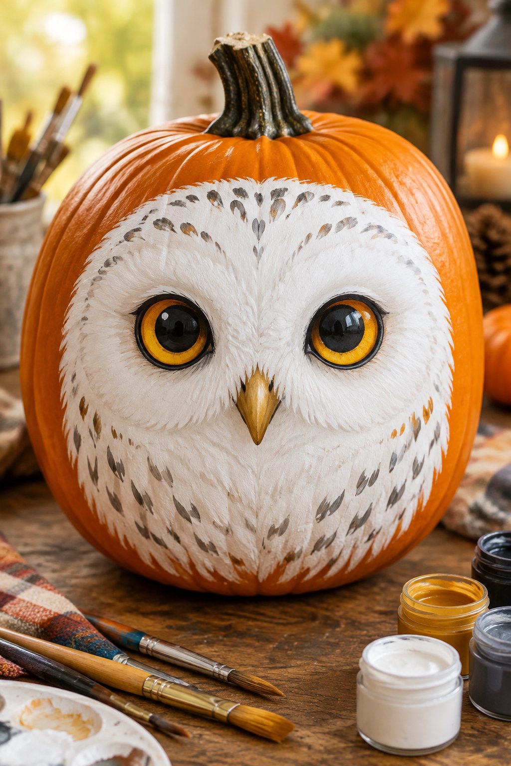 Snowy White Owl Face - harry potter pumpkin painting