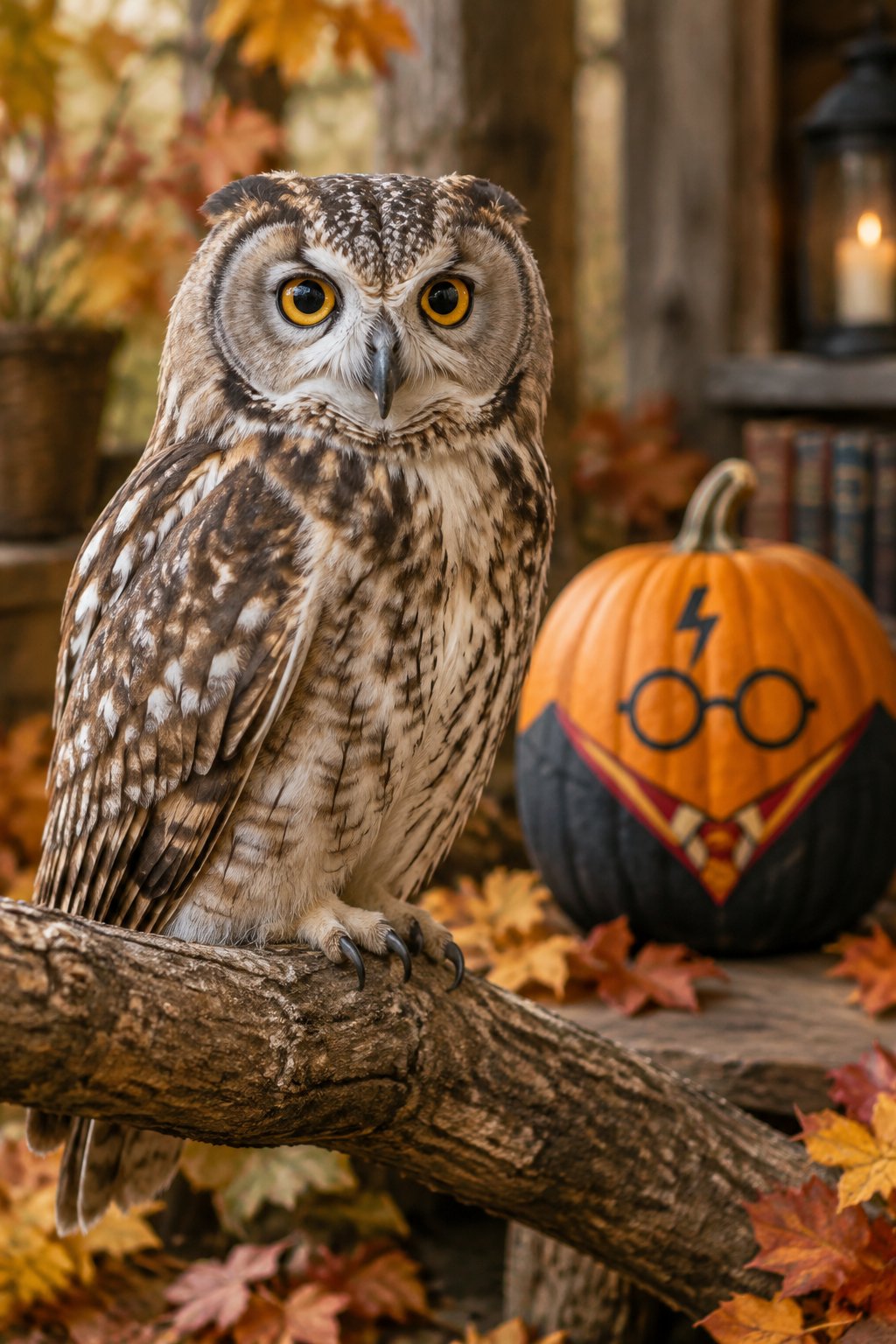 Perched Owl on Branch - harry potter pumpkin painting