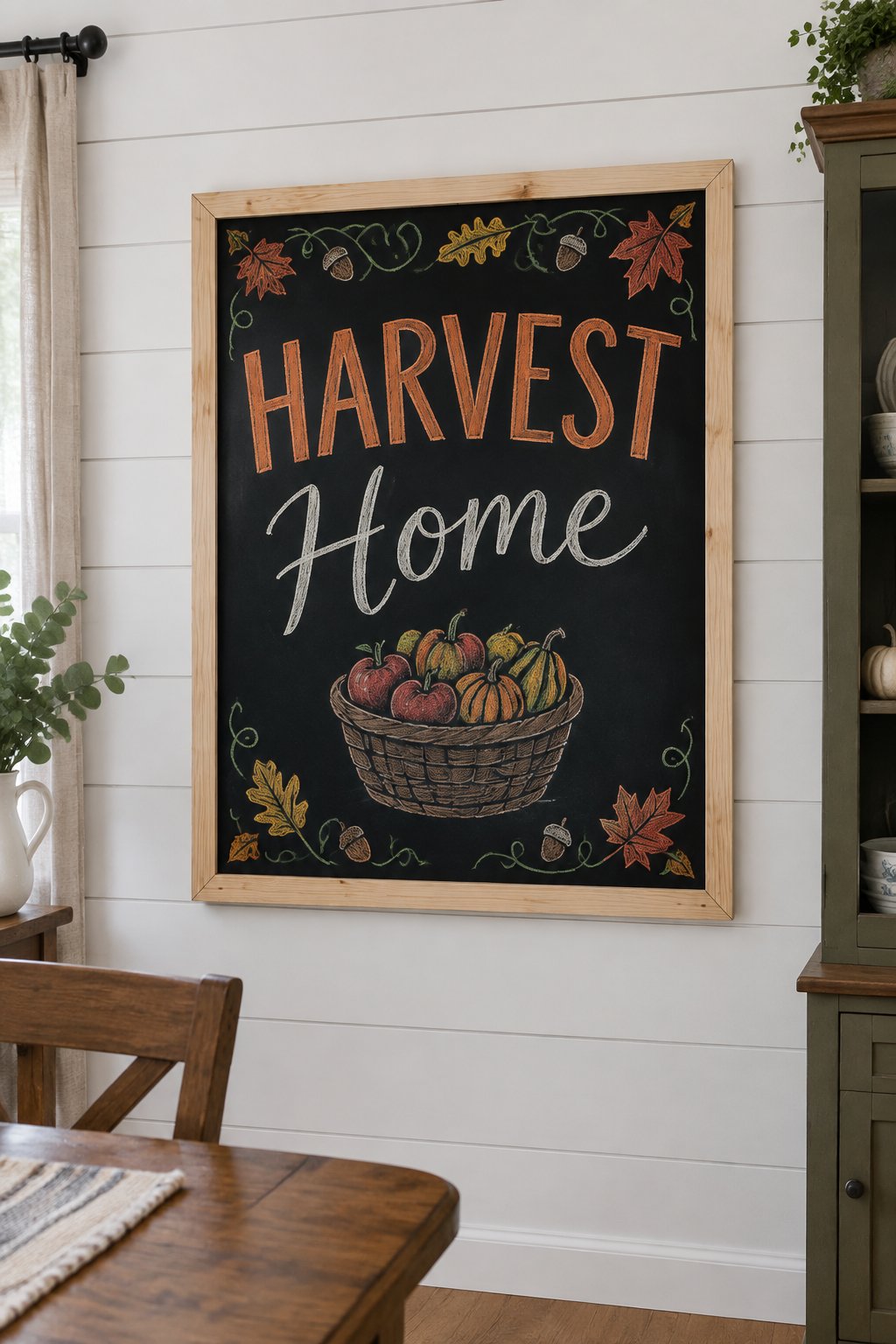 Harvest Home: a framed Thanksgiving chalkboard sign reading "Harvest Home", hand-drawn in chalk with a woven basket of apples and little gourds.