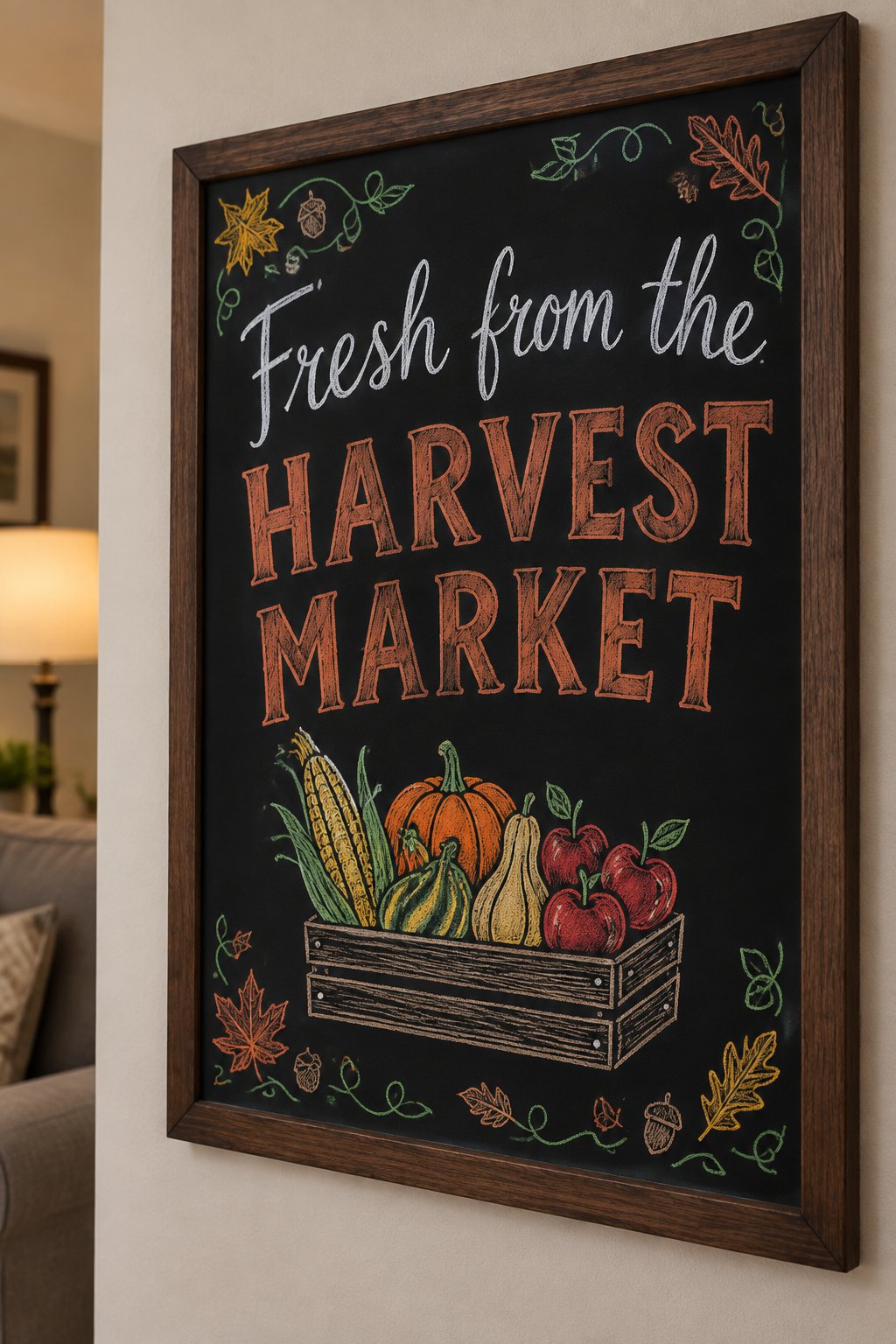 Harvest Market Sign: a framed fall chalkboard sign reading "Fresh from the Harvest Market", hand-drawn in chalk with a crate of gourds, corn and apples.