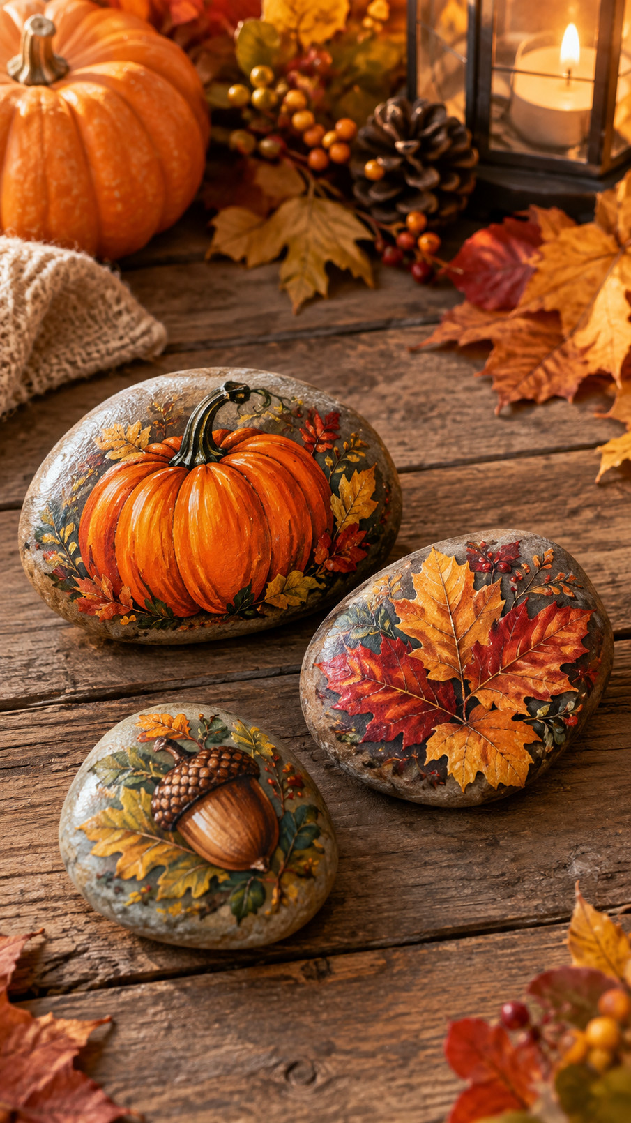 A harvest turkey painted rock featuring brown feathers, colorful tail details, and golden autumn accents.