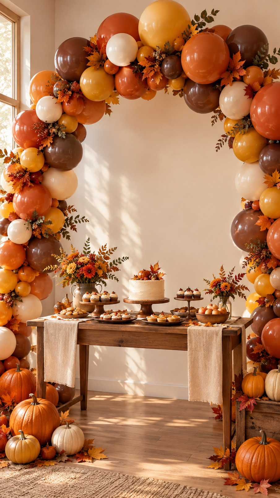 A fall balloon arch decorated with golden harvest wheat sprigs, orange and brown balloons, and rustic autumn accents.