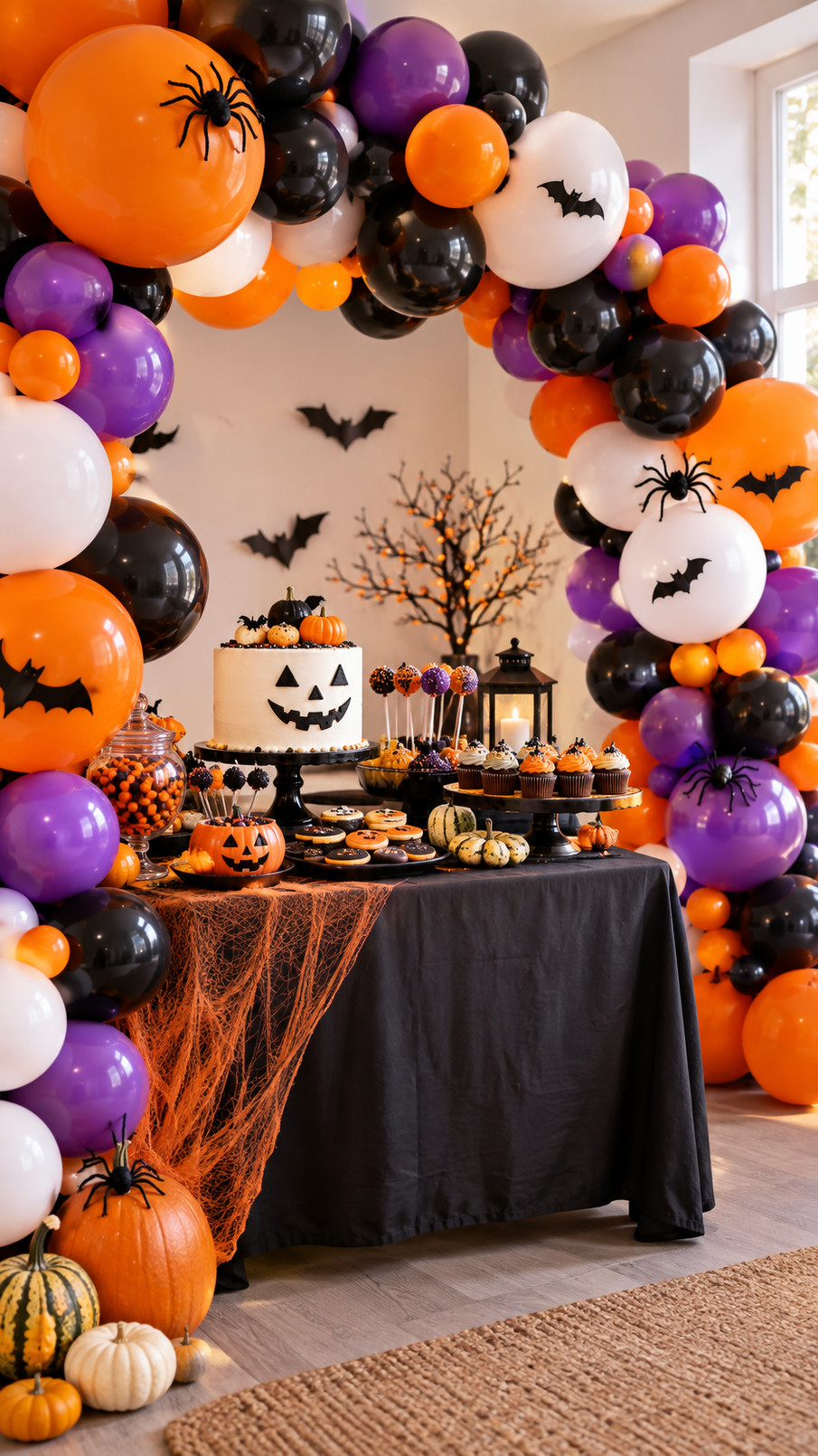 A haunted mansion Halloween balloon arch with black, burgundy, and smoky gray balloons creating a mysterious spooky party display.