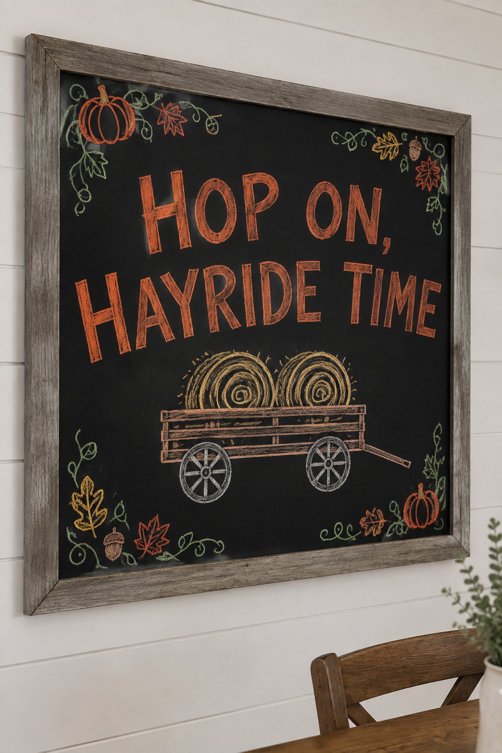 Hayride Board: a framed fall chalkboard sign reading "Hop On, Hayride Time", hand-drawn in chalk with a hay wagon with two round bales.