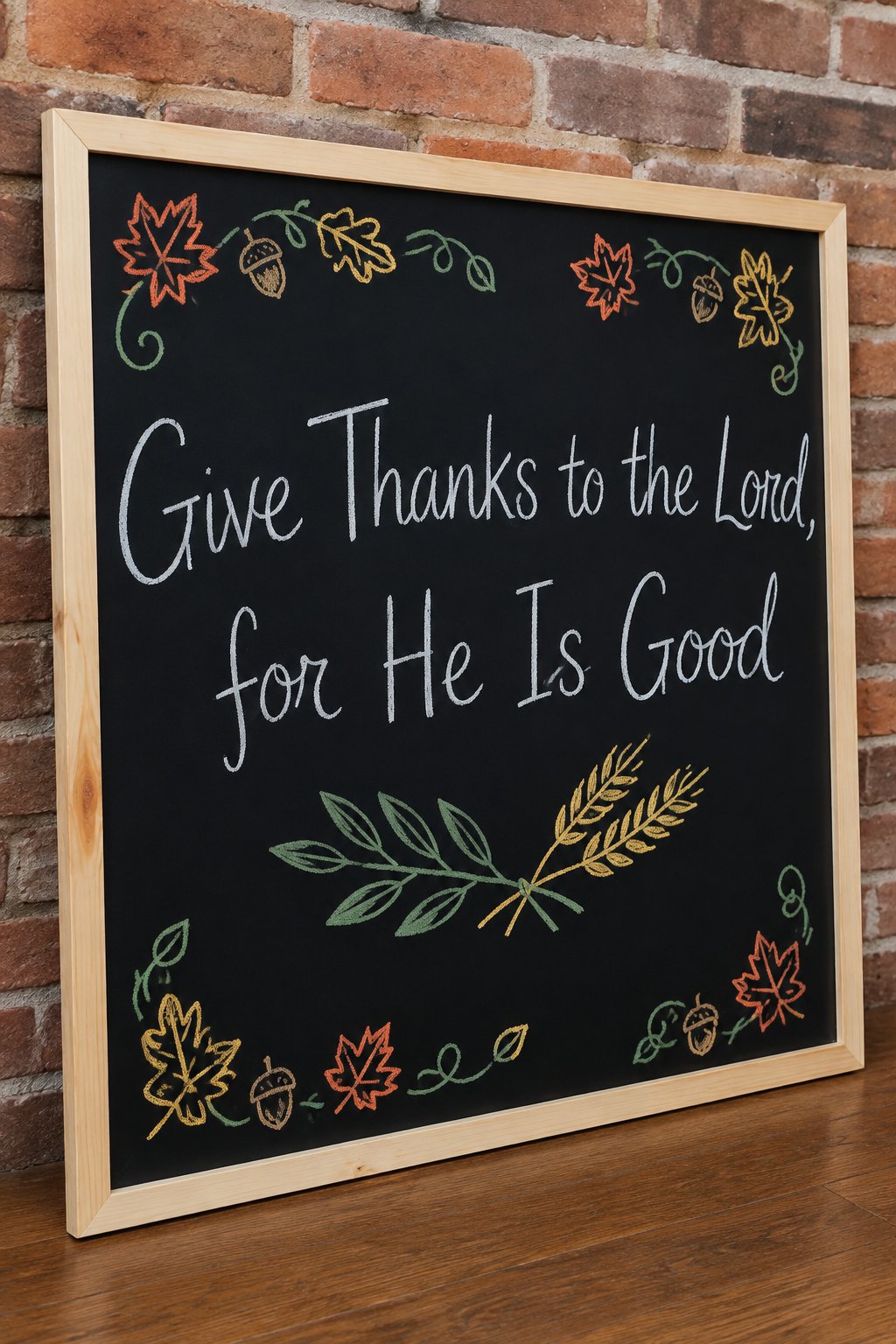 He Is Good: a framed Thanksgiving chalkboard sign reading "Give Thanks to the Lord, for He Is Good", hand-drawn in chalk with a sprig of olive leaves and wheat.