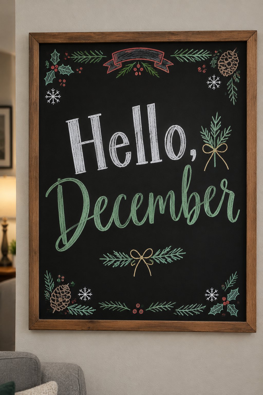 Hello December: a framed December chalkboard sign reading "Hello, December", hand-drawn in chalk with a small evergreen sprig tied with a thin ribbon bow.