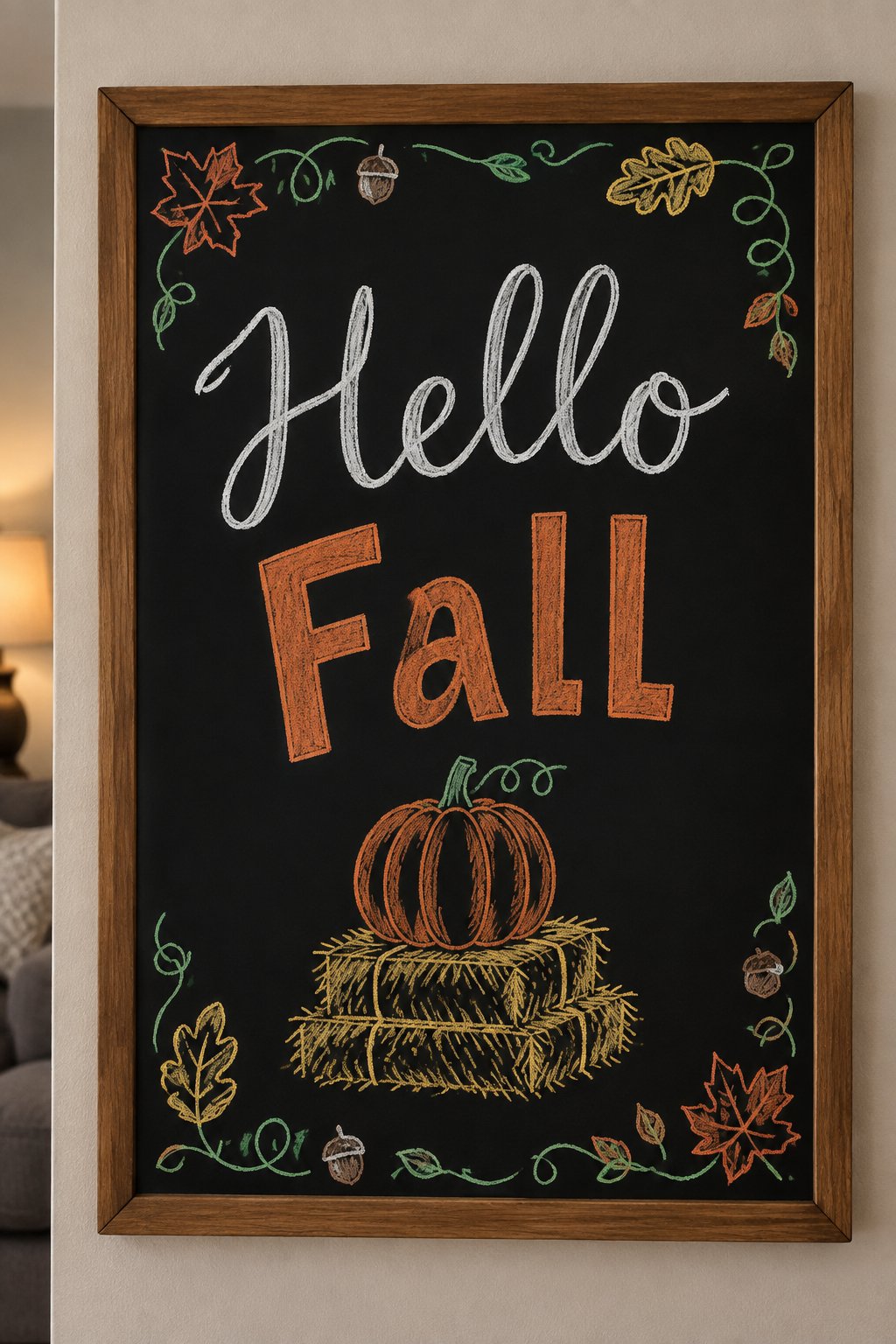 Hello Fall Sign: a framed fall chalkboard sign reading "Hello Fall", hand-drawn in chalk with a pumpkin sitting on a small stack of hay bales.