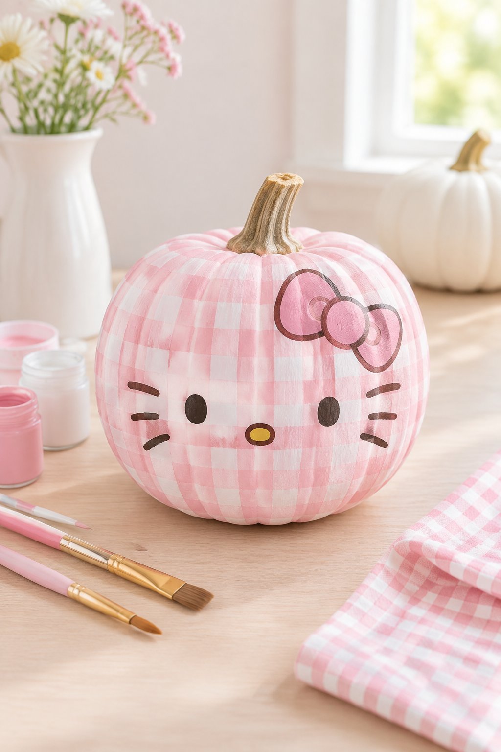 Soft Pink Gingham Kitty - hello kitty pumpkin painting