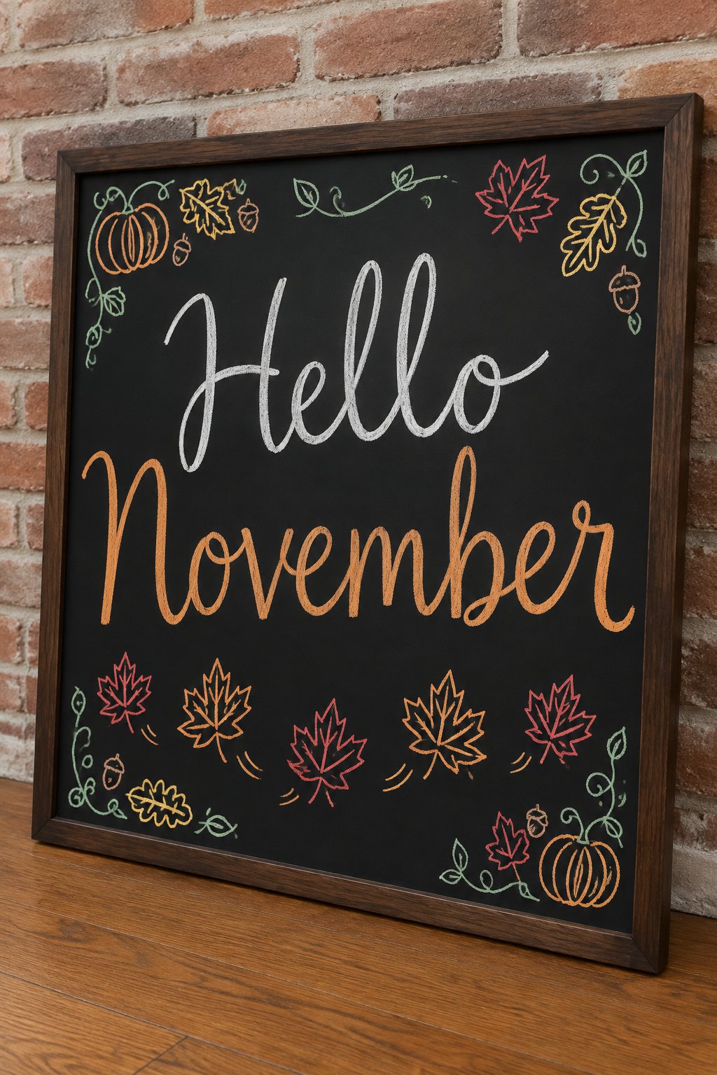 Hello November: a framed Thanksgiving chalkboard sign reading "Hello November", hand-drawn in chalk with a border of falling maple leaves.