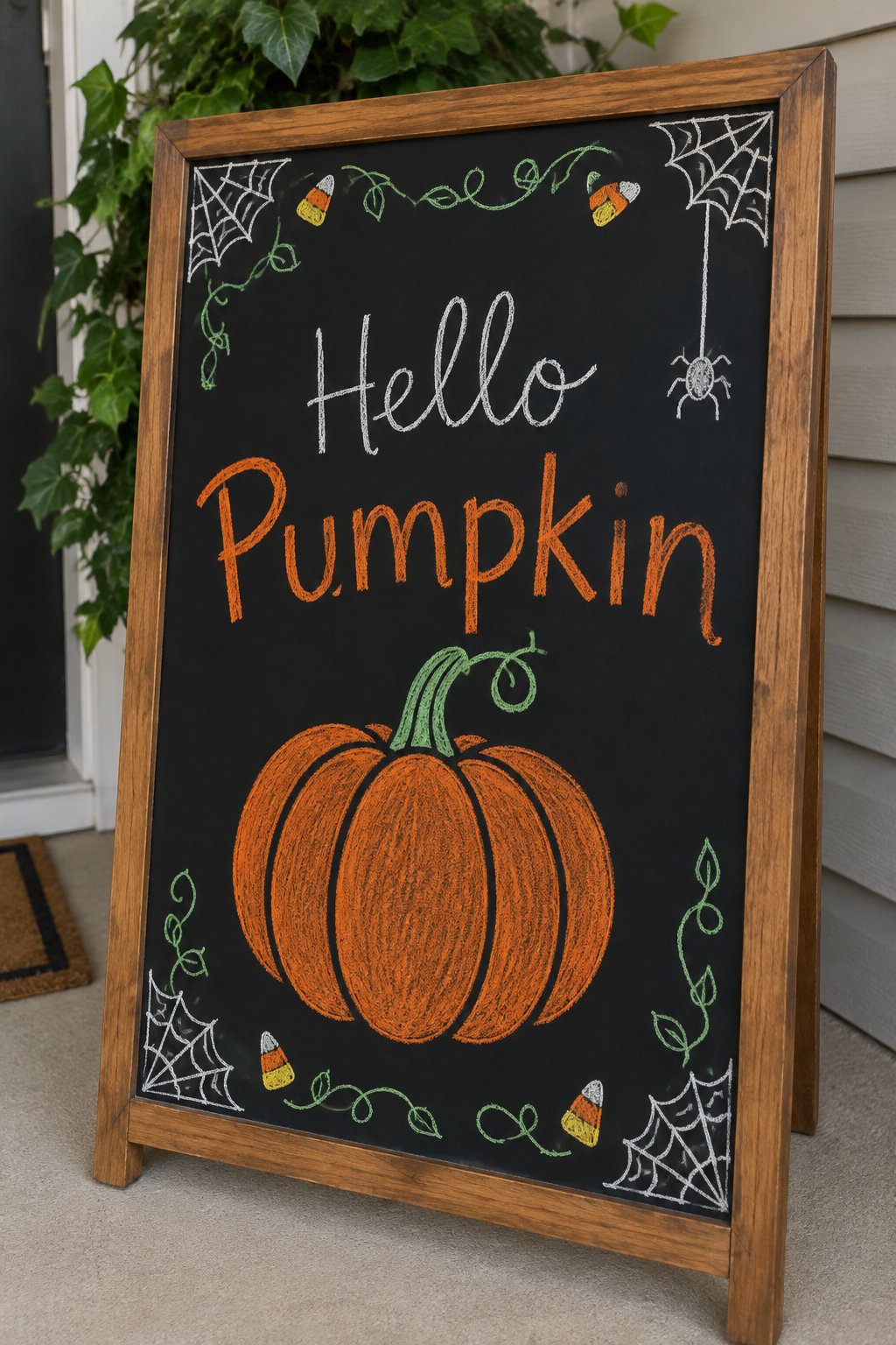 Hello Pumpkin: a framed Halloween chalkboard sign reading "Hello Pumpkin", hand-drawn in chalk with one large plump pumpkin with a curly green stem, bigger than the words.