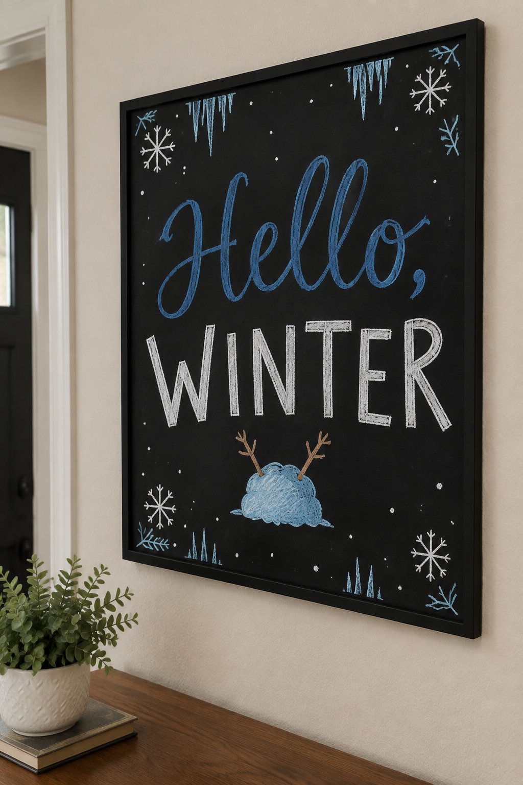 Hello Winter Porch Board: a framed winter chalkboard sign reading "Hello, Winter", hand-drawn in chalk with a small pile of snow with two twig arms sticking out of the top.