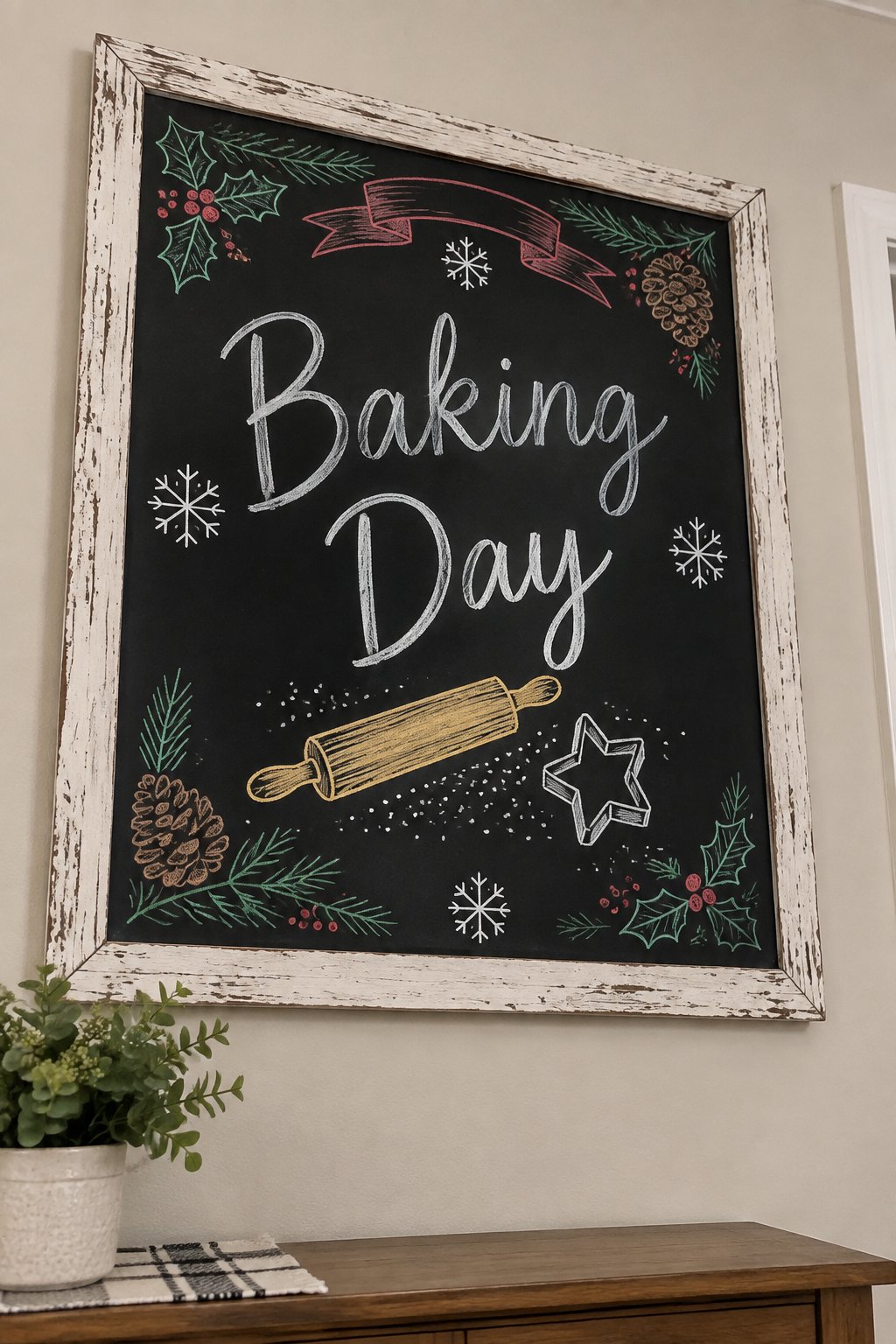 Holiday Baking Day: a framed December chalkboard sign reading "Baking Day", hand-drawn in chalk with a rolling pin resting beside a star-shaped cookie cutter.