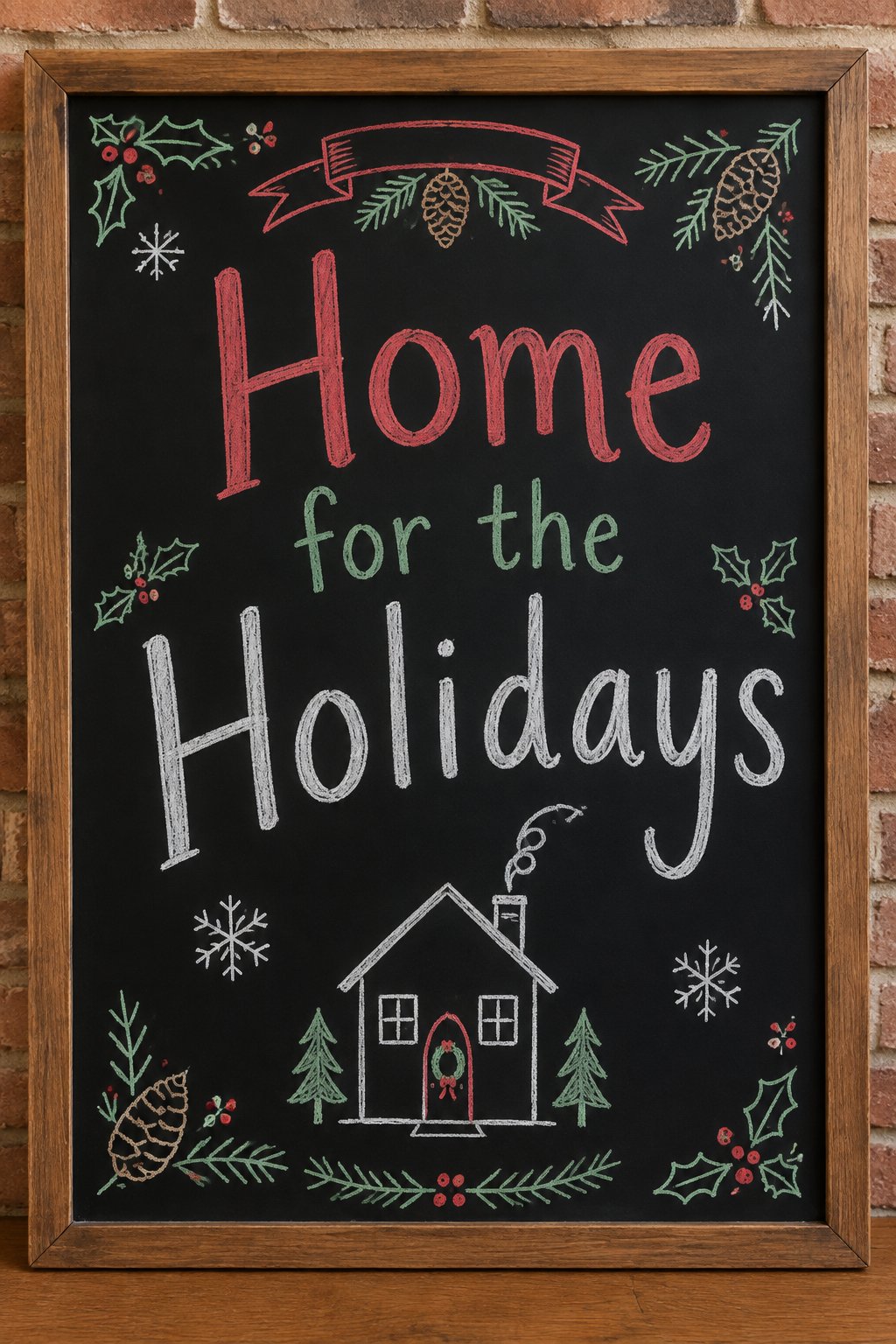 Home for the Holidays: a framed chalkboard sign showing "Home for the Holidays", hand-drawn in white, deep red, sage green and gold chalk, with a small house outline with a wreath on the door and a pu