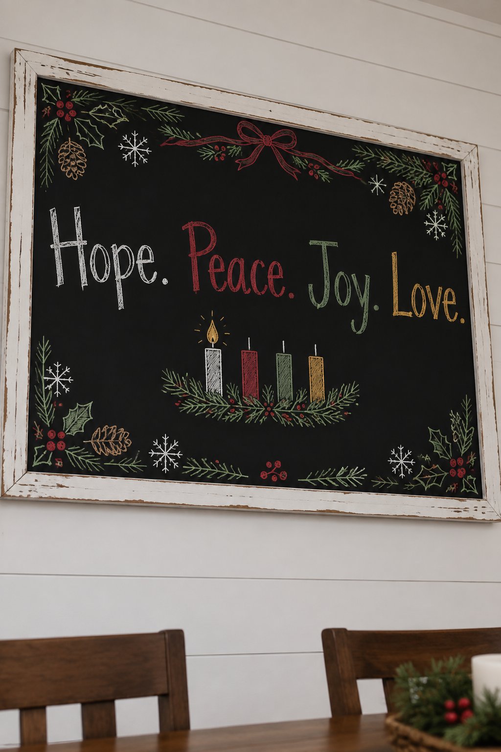 Hope Peace Joy Love: a framed December chalkboard sign reading "Hope. Peace. Joy. Love.", hand-drawn in chalk with four small candles in a row inside a ring of pine, one of them lit.