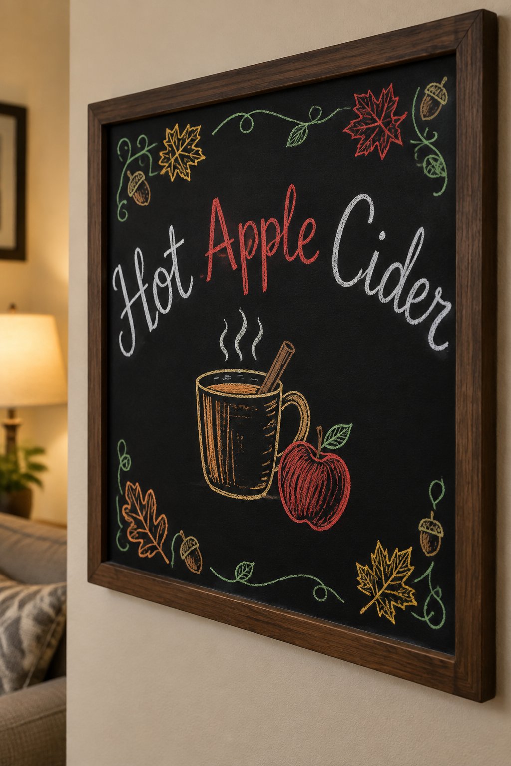 Hot Cider Station: a framed Thanksgiving chalkboard sign reading "Hot Apple Cider", hand-drawn in chalk with a steaming mug with a cinnamon stick and an apple.