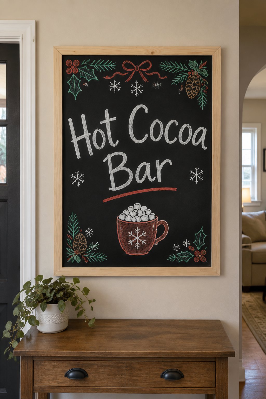 Hot Cocoa Bar: a framed Christmas chalkboard sign reading "Hot Cocoa Bar", hand-drawn in chalk with a mug piled with marshmallows.