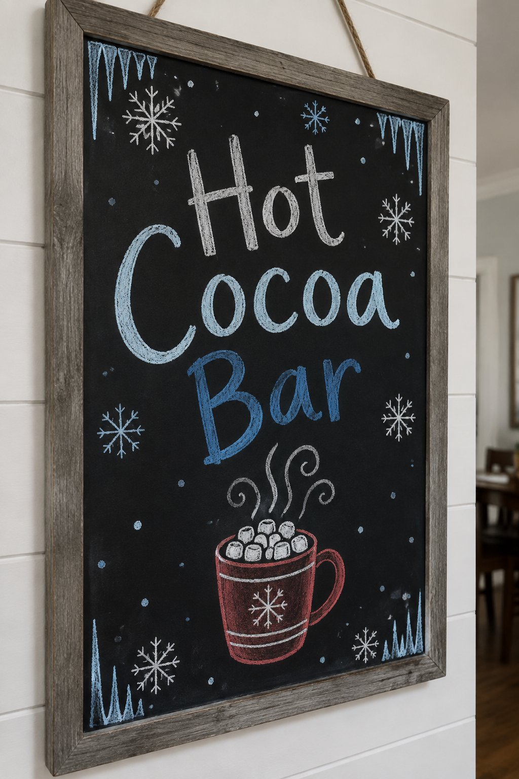 Hot Cocoa Bar Sign: a framed winter chalkboard sign reading "Hot Cocoa Bar", hand-drawn in chalk with a steaming mug piled high with marshmallows and swirls of steam.