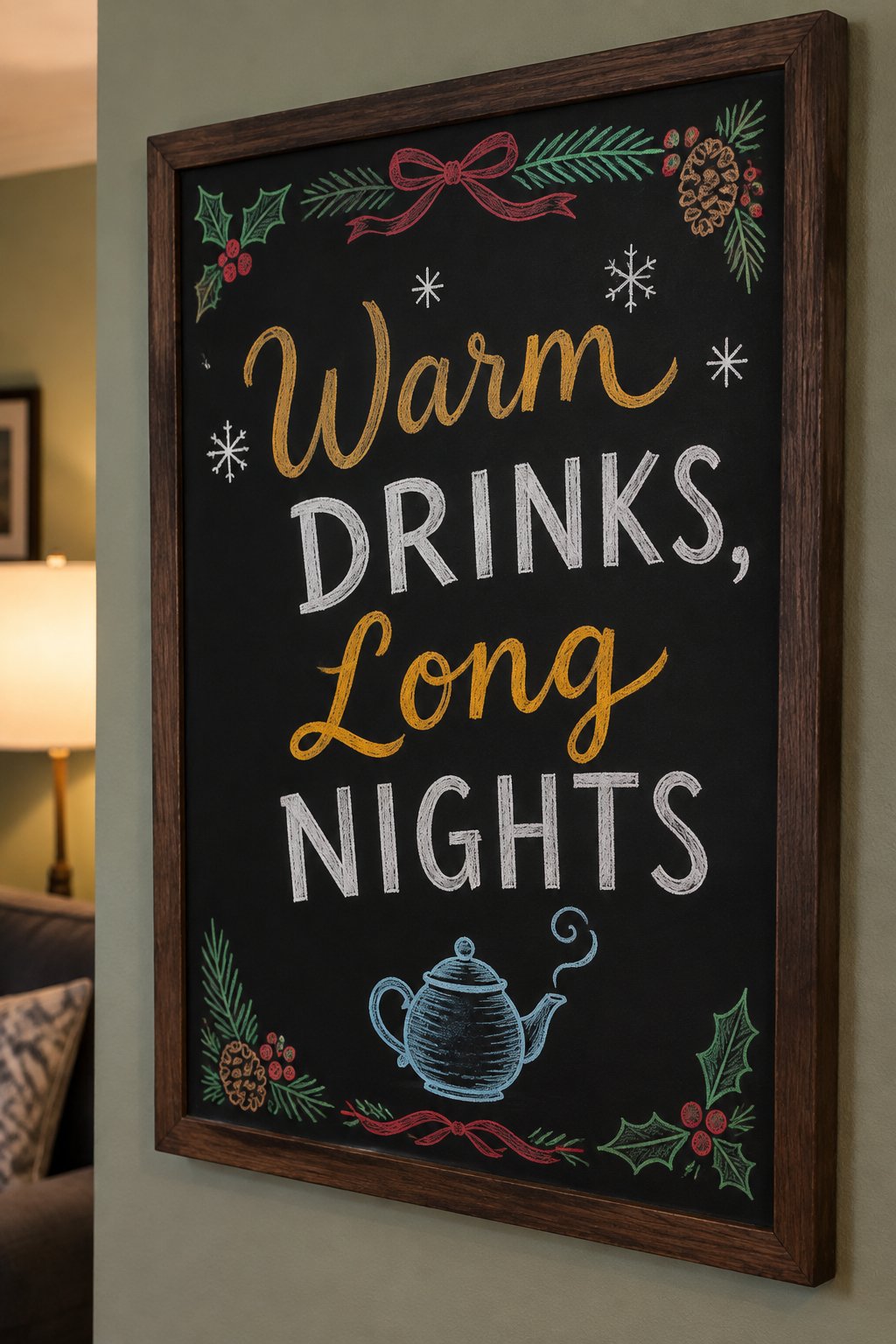 Hot Drinks and Long Nights: a framed December chalkboard sign reading "Warm Drinks, Long Nights", hand-drawn in chalk with a small teapot with a curl of steam rising from the spout.