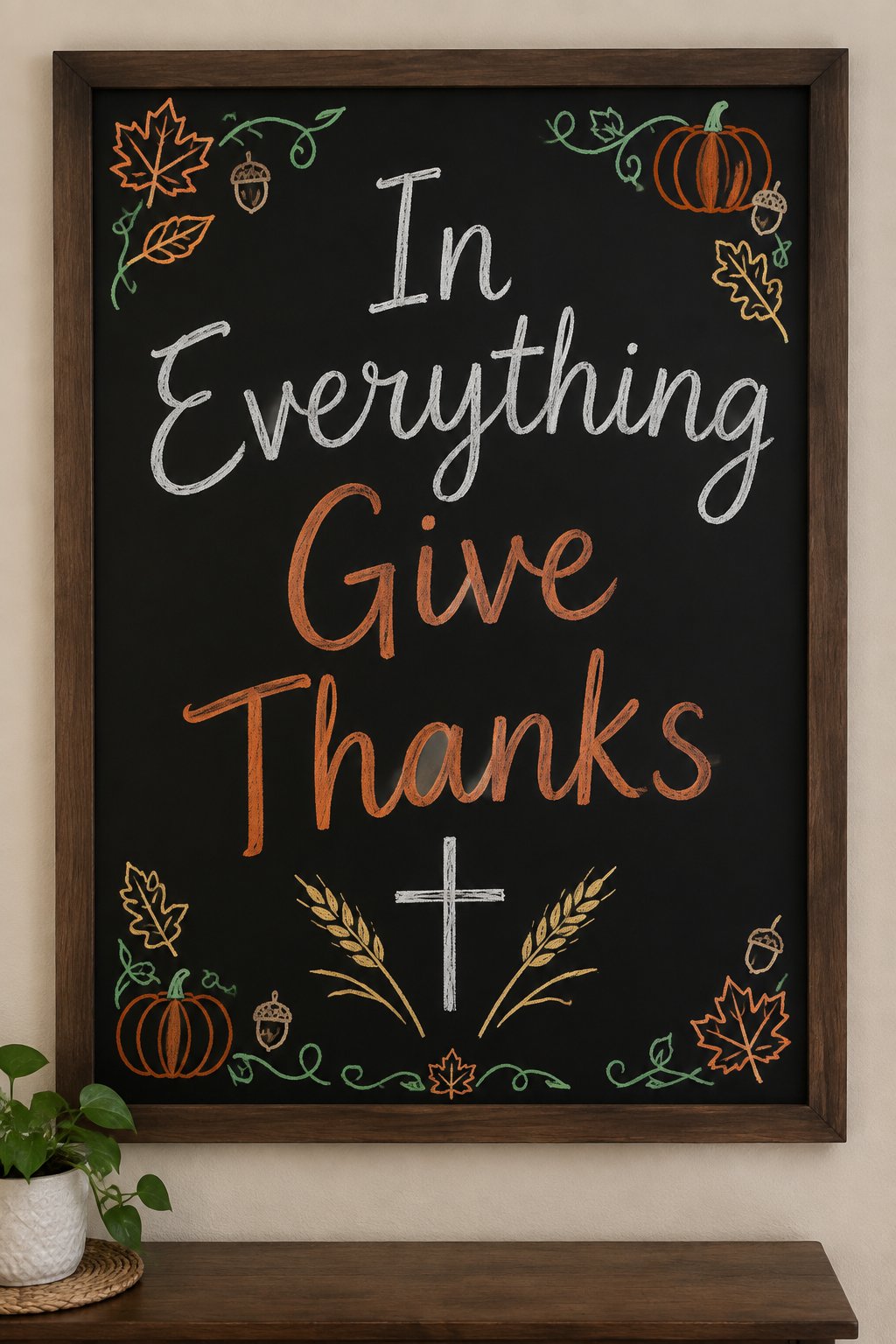 In Everything Give Thanks: a framed Thanksgiving chalkboard sign reading "In Everything Give Thanks", hand-drawn in chalk with a simple cross with stalks of wheat.