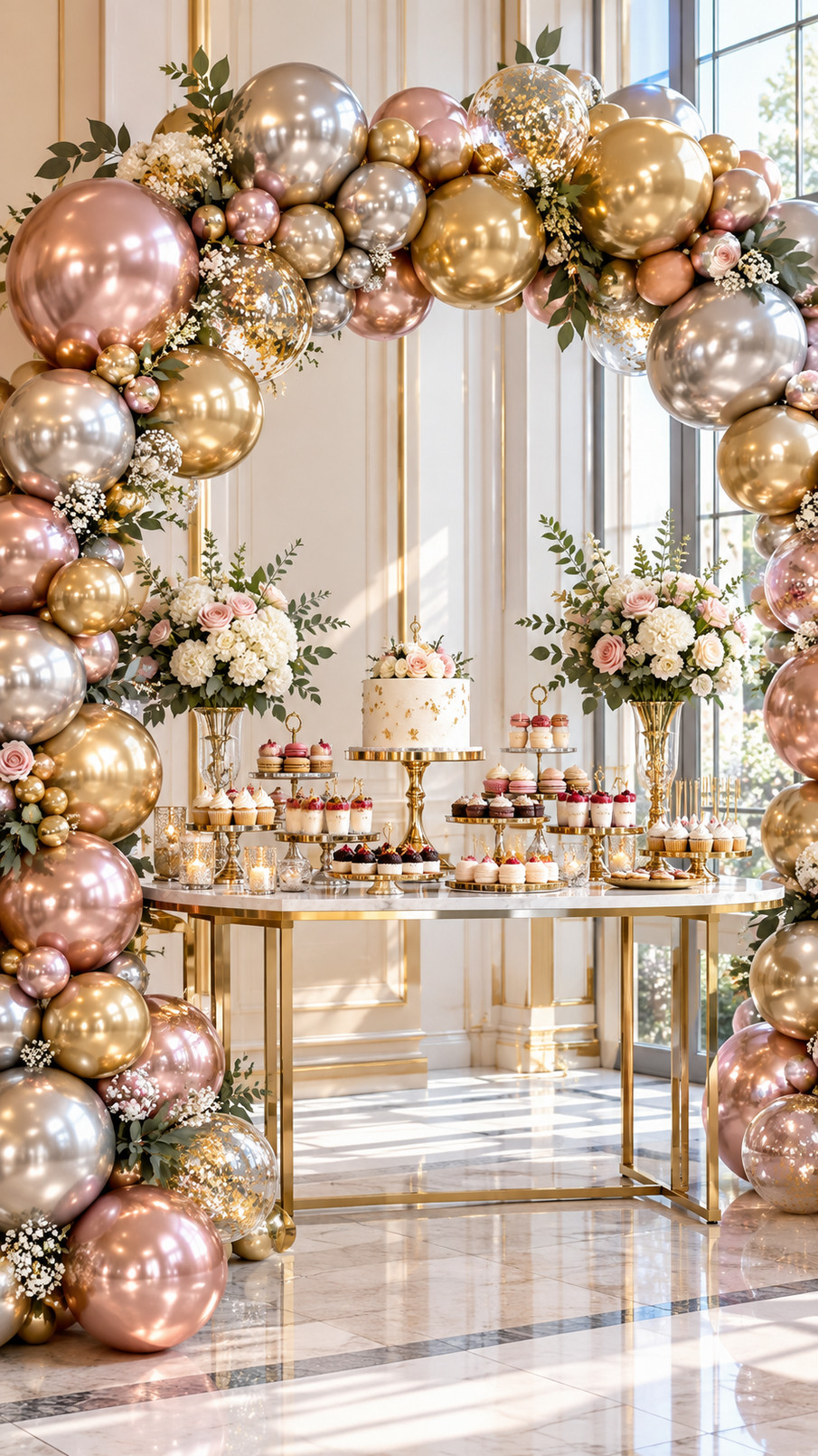 Photo of an iridescent rainbow metallic balloon arch with pink, blue, and gold balloons decorating an upscale celebration.