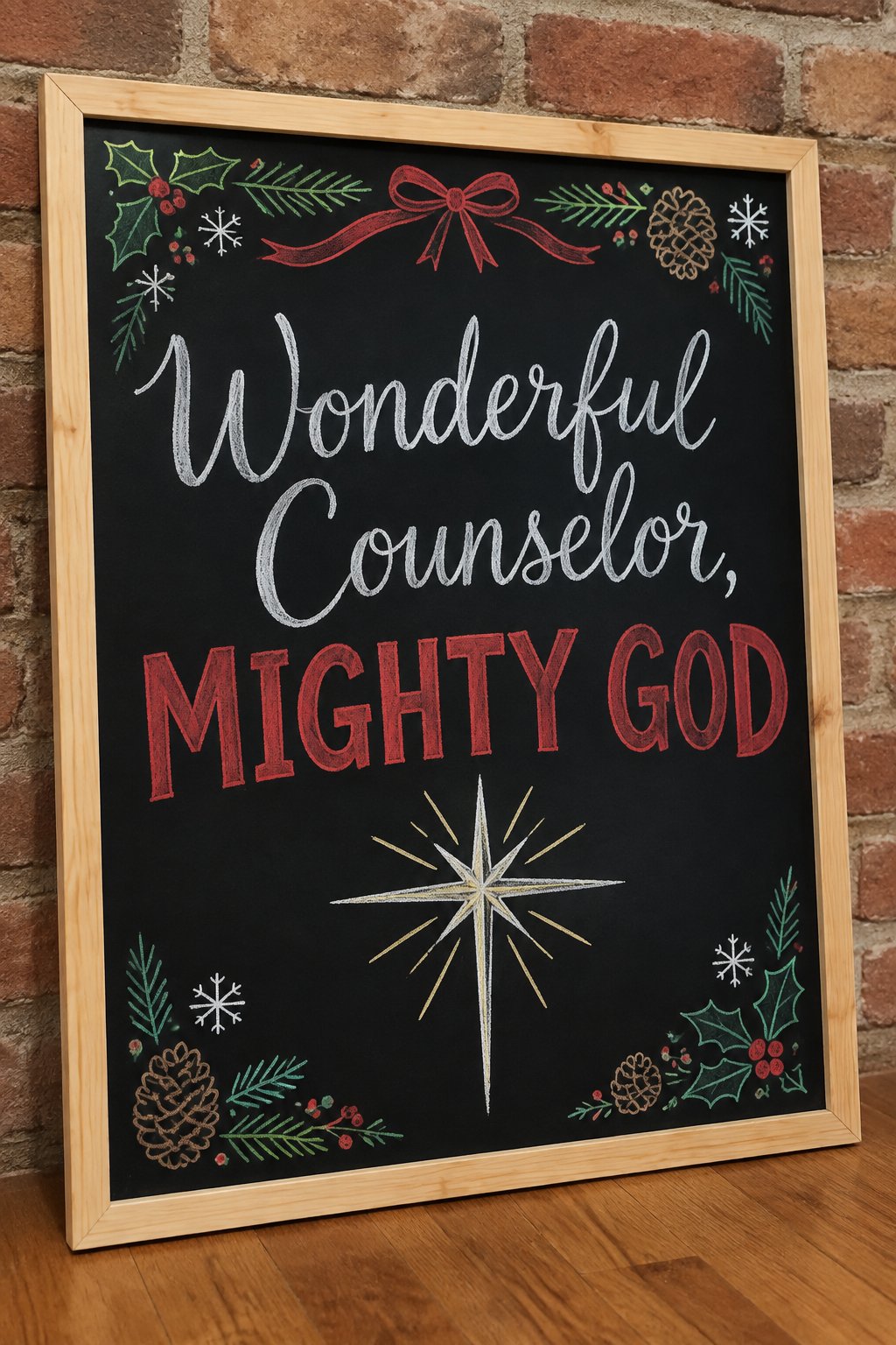 Isaiah 9:6 Board: a framed Christmas chalkboard sign reading "Wonderful Counselor, Mighty God", hand-drawn in chalk with a shining star with long rays.