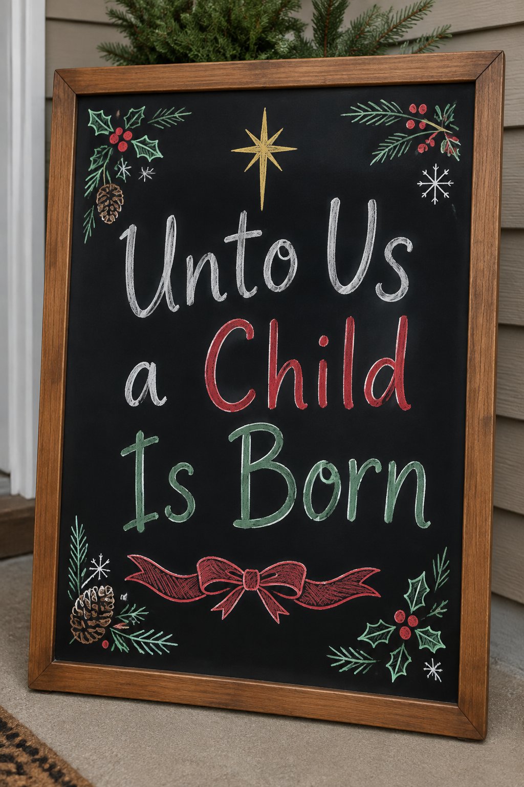 Isaiah 9:6 Board: a framed chalkboard sign showing "Unto Us a Child Is Born", hand-drawn in white, deep red, sage green and gold chalk, with a single star drawn above the words.