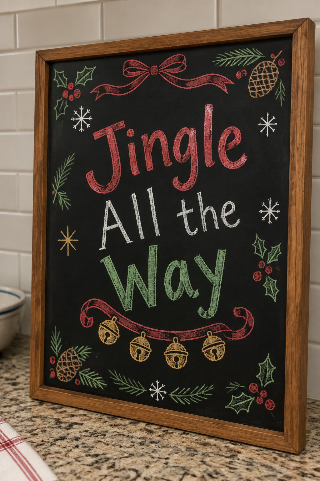 Jingle All the Way: a framed chalkboard sign reading "Jingle All the Way", hand-drawn in chalk with a set of sleigh bells on a strap.