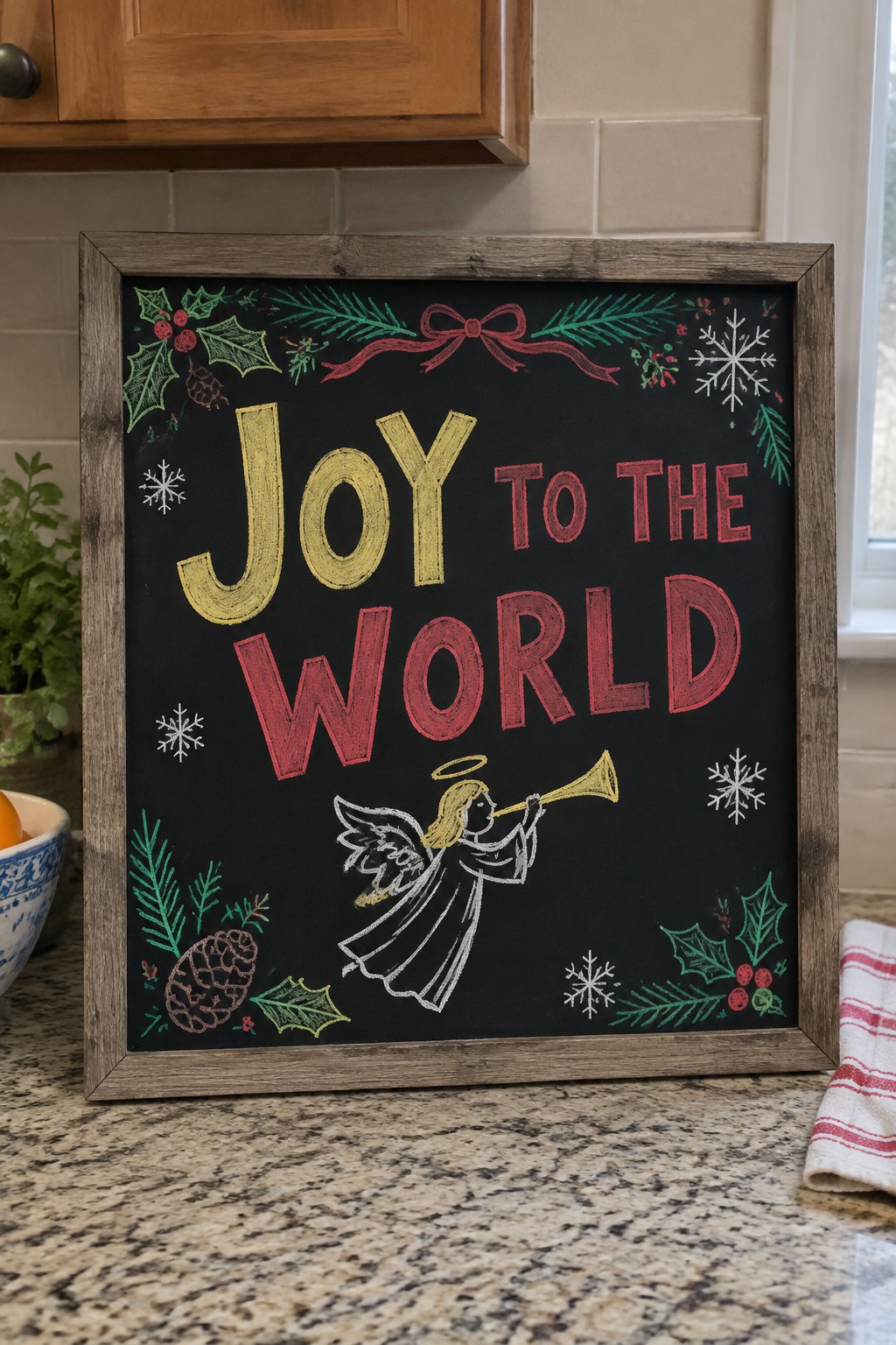 Joy to the World: a framed Christmas chalkboard sign reading "Joy to the World", hand-drawn in chalk with an angel playing a trumpet.