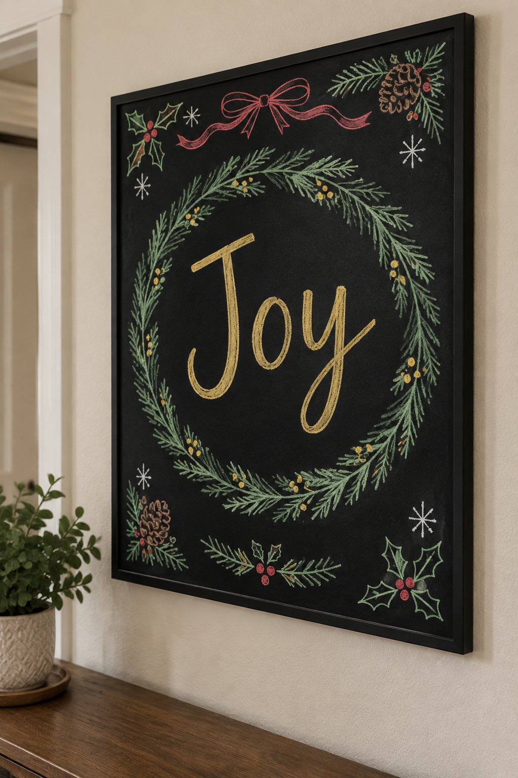 Joy Wreath: a framed Christmas chalkboard sign reading "Joy", hand-drawn in chalk with a large evergreen wreath around the word.