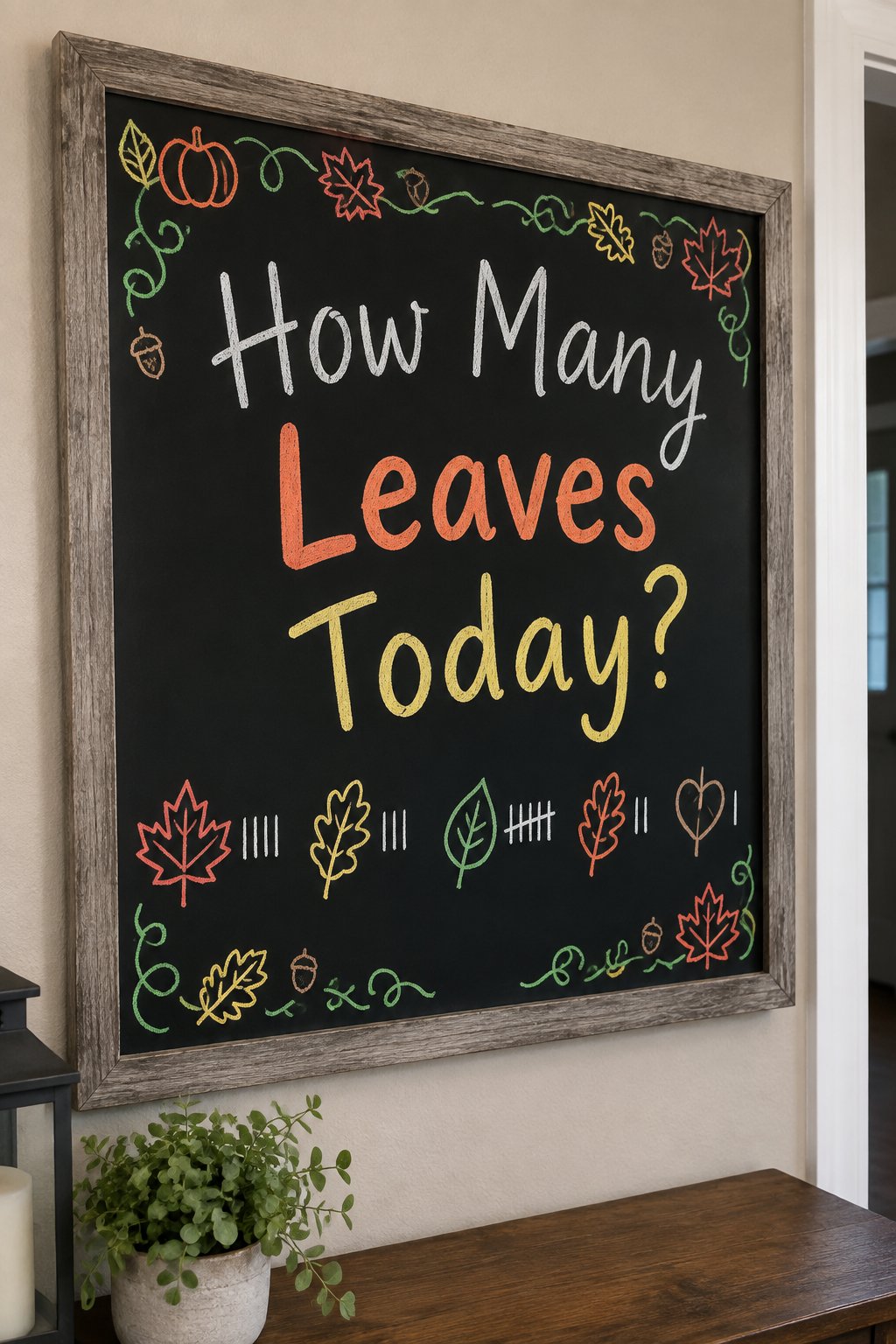 Kids' Leaf Count Board: a framed fall chalkboard sign reading "How Many Leaves Today?", hand-drawn in chalk with a row of five leaf outlines with tally marks beside them.