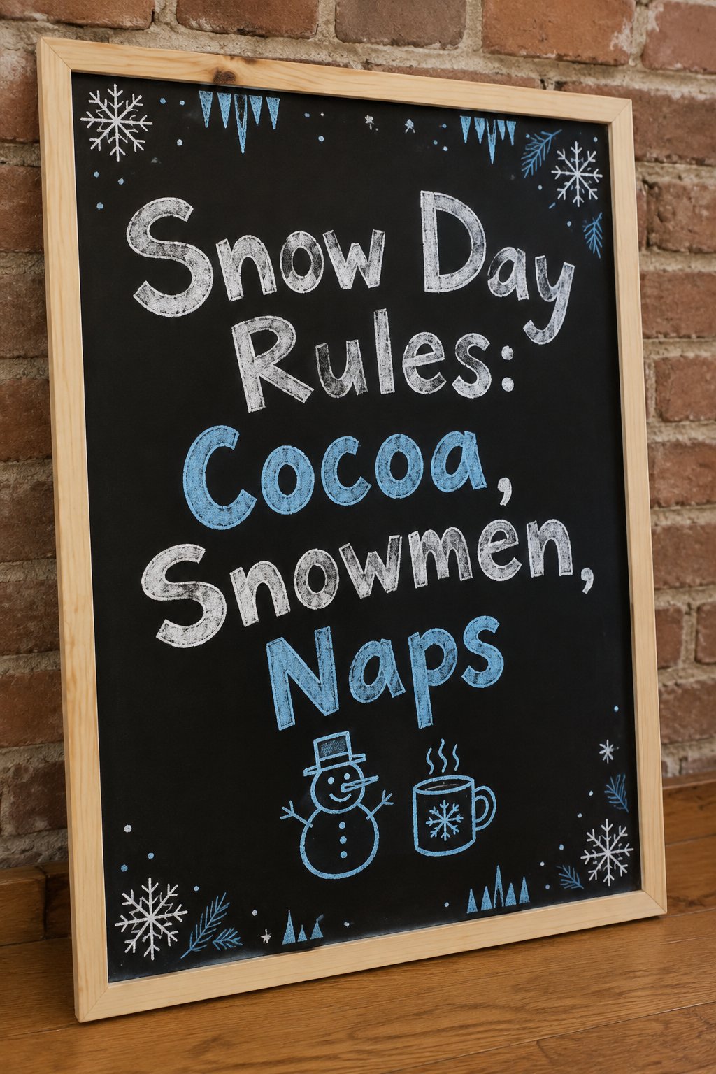 Kids Snow Day Rules Board: a framed winter chalkboard sign reading "Snow Day Rules: Cocoa, Snowmen, Naps", hand-drawn in chalk with a small snowman and a mug drawn side by side beneath the words.