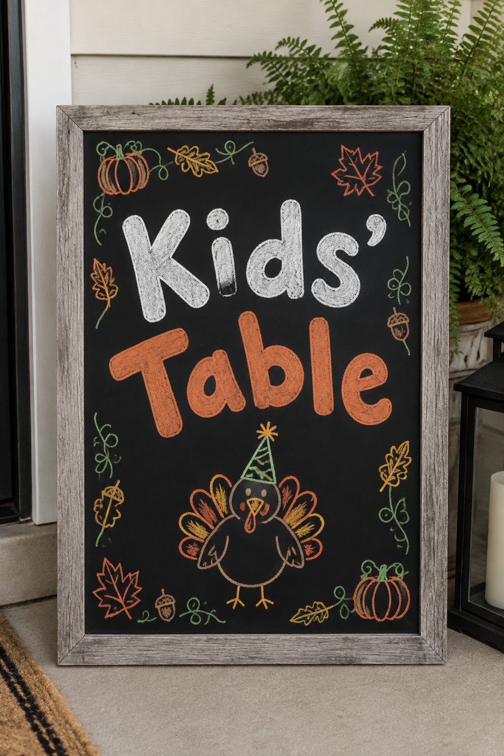 Kids' Table Sign: a framed Thanksgiving chalkboard sign reading "Kids' Table", hand-drawn in chalk with a round turkey wearing a paper party hat.