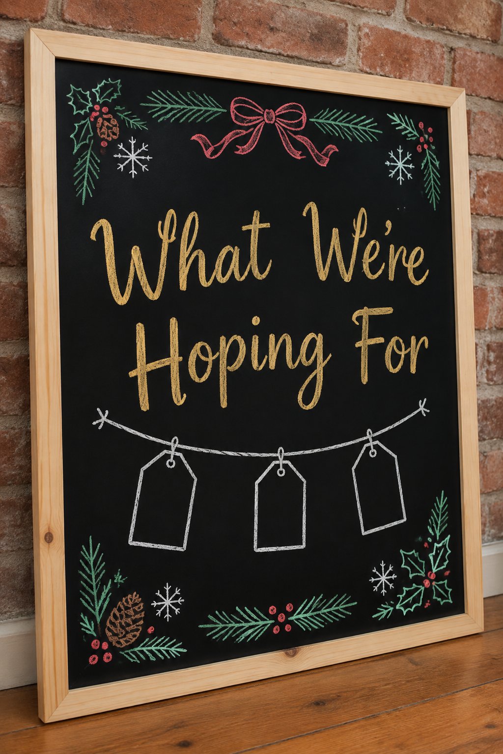 Kids Winter Wish List: a framed December chalkboard sign reading "What We're Hoping For", hand-drawn in chalk with three small paper tags strung along a bit of twine.