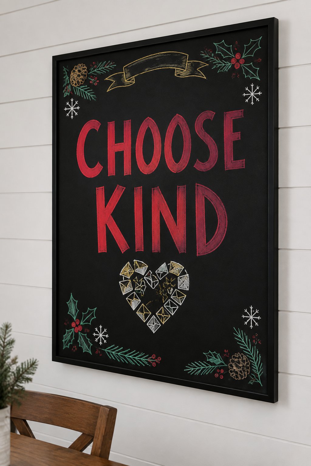 Kindness Corner: a framed December chalkboard sign reading "Choose Kind", hand-drawn in chalk with a heart shape made from several small folded notes.
