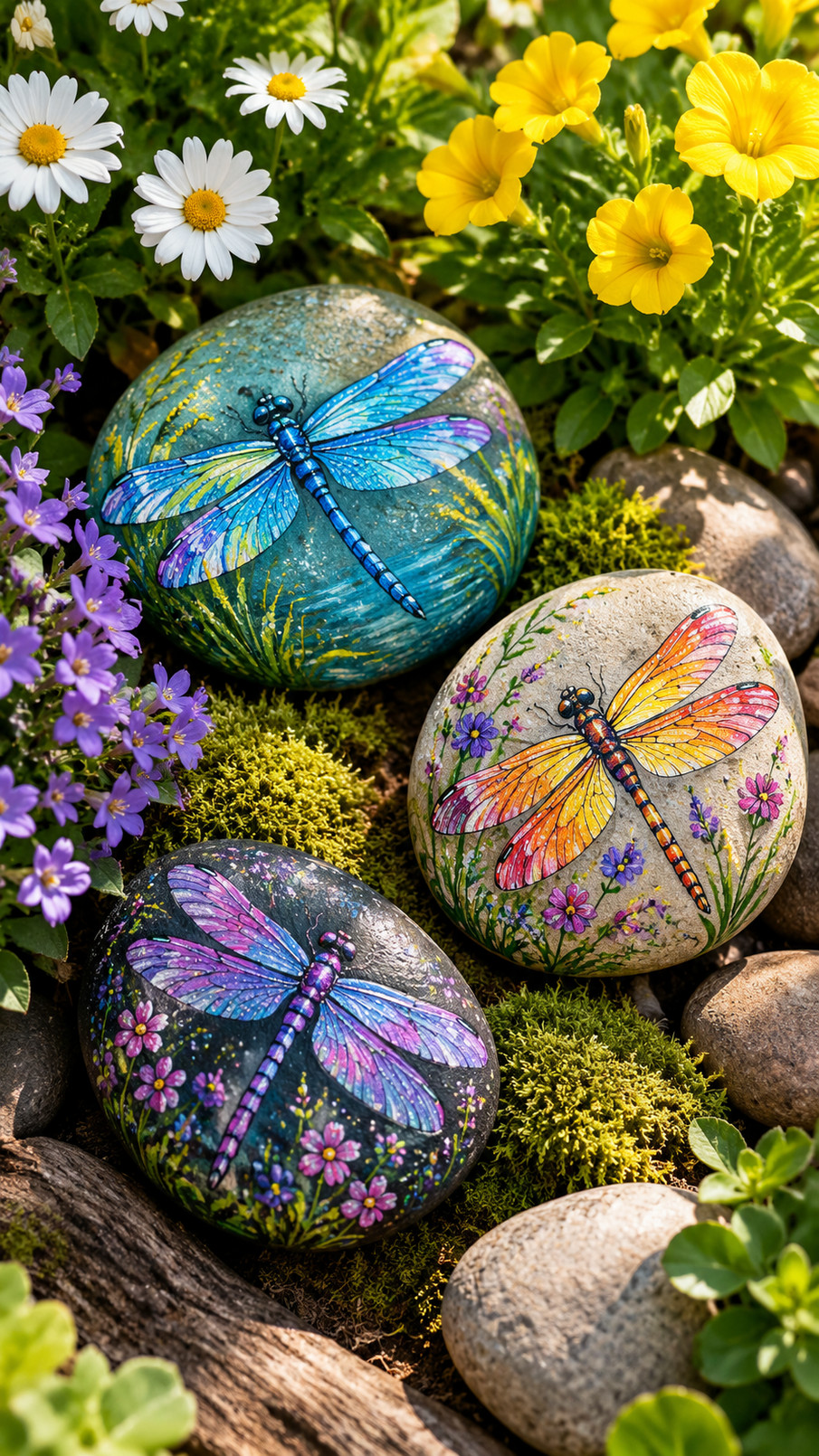 A painted rock featuring a turquoise and orange dragonfly above blue water with koi fish and pond-inspired garden details.