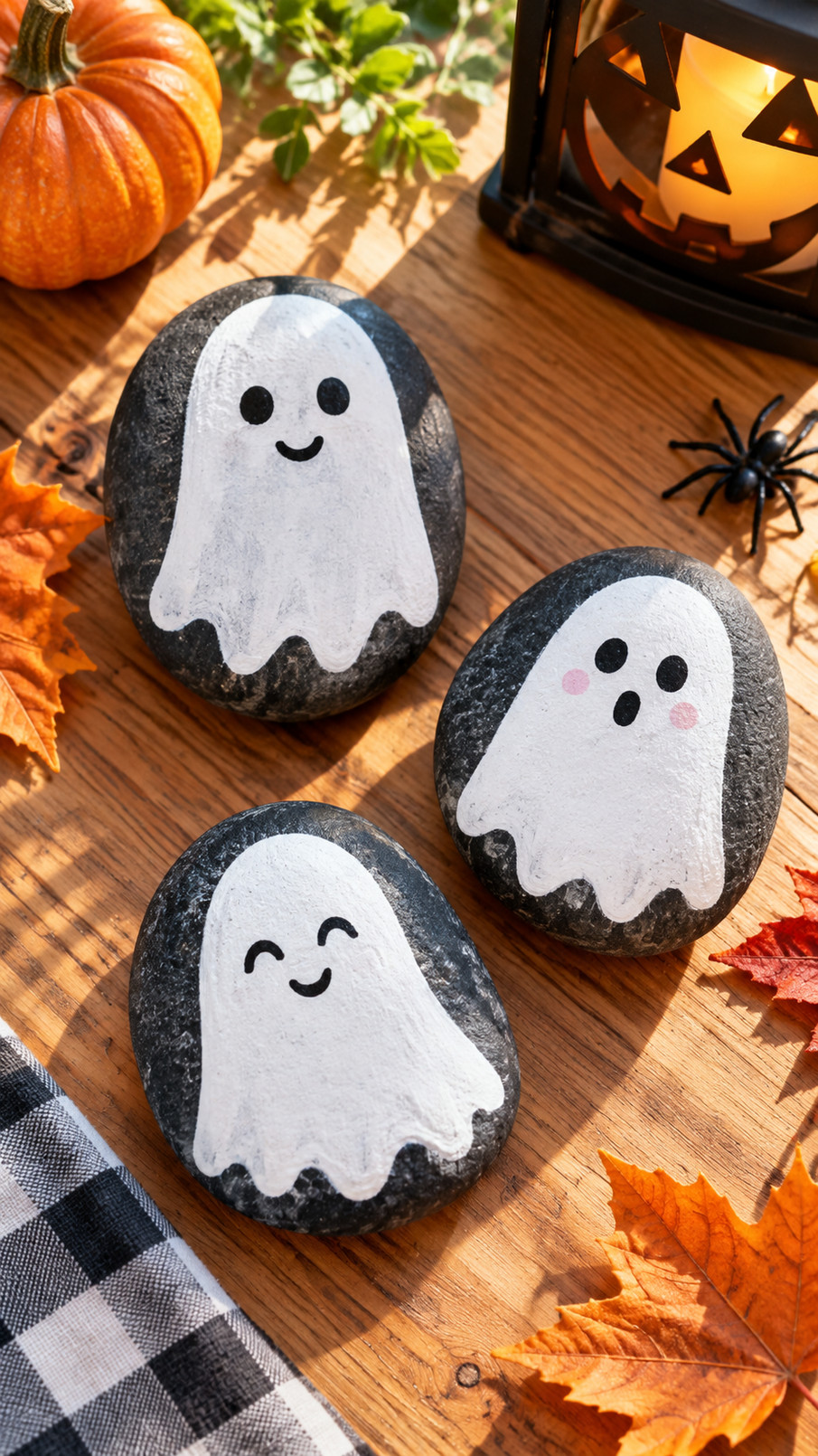 A white painted ghost rock with a lace collar and rosy cheeks sits beside small pumpkins and autumn flowers.