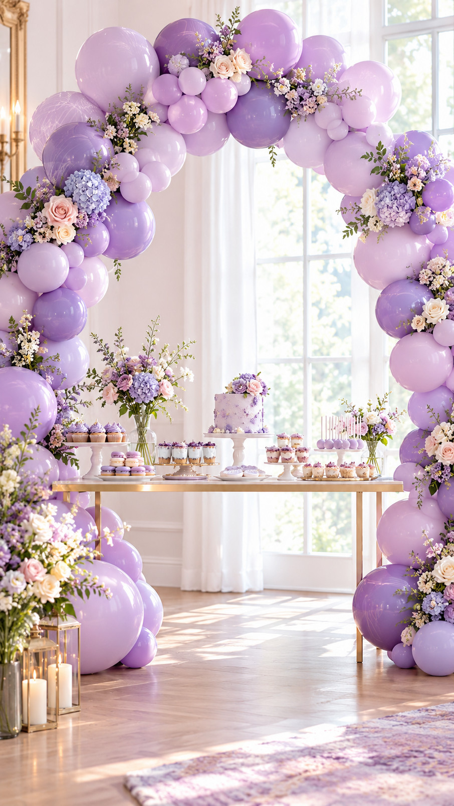 A lavender butterfly balloon arch with lilac, white, and lavender balloons, butterfly accents, soft greenery, and wispy ribbons.