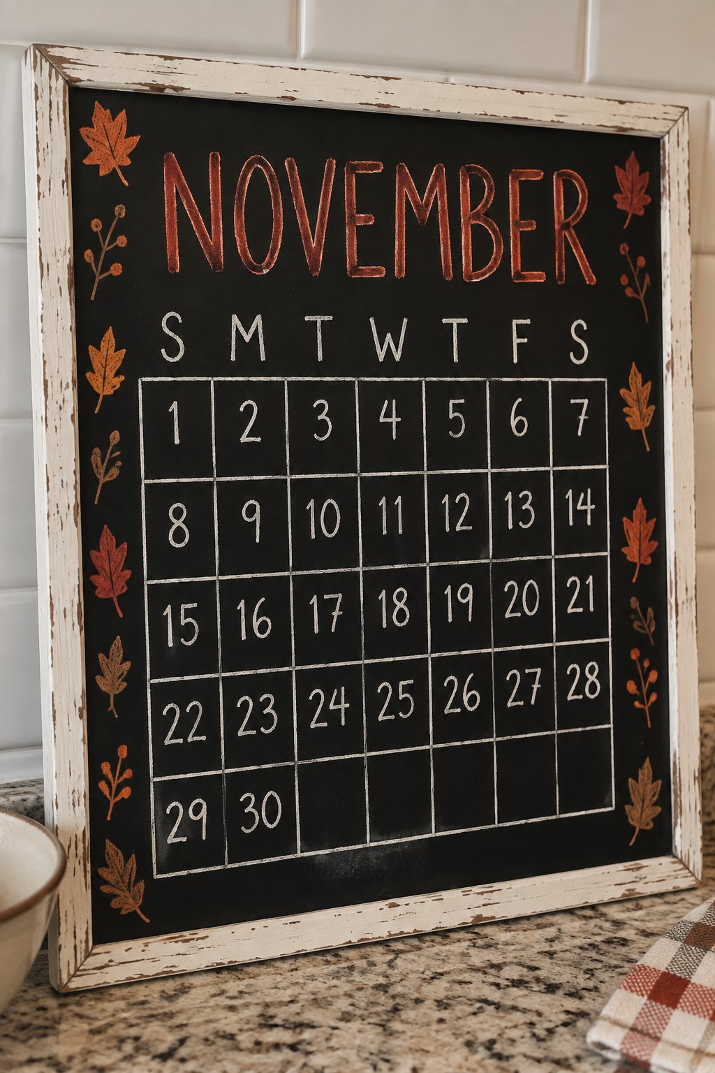 Leaf-Border Month Grid: a framed chalkboard sign showing "NOVEMBER", hand-drawn in fall chalk colors, with a scattered border of small falling maple leaves along both sides.