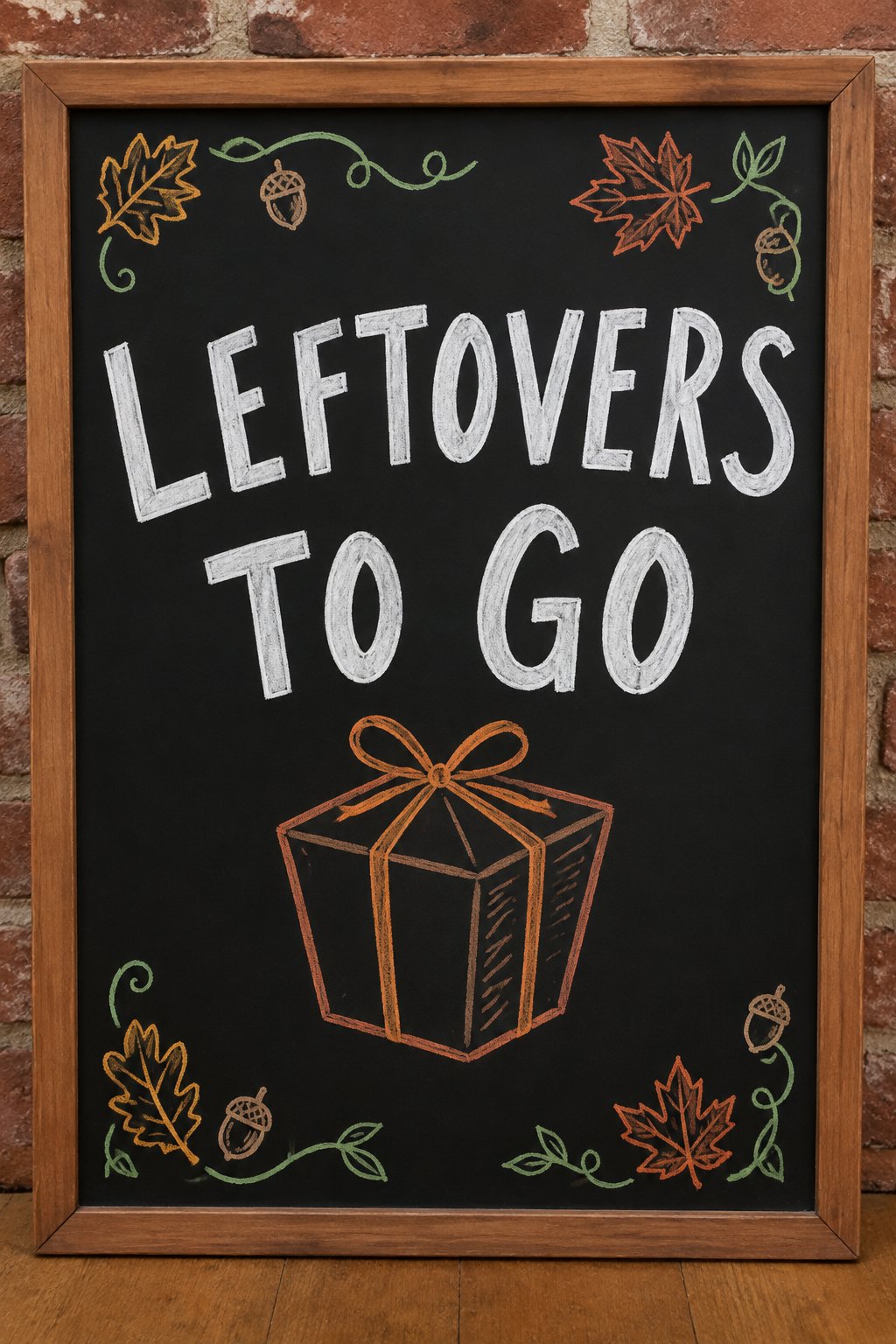 Leftovers Sign: a framed Thanksgiving chalkboard sign reading "Leftovers to Go", hand-drawn in chalk with a takeout box tied with a bow.