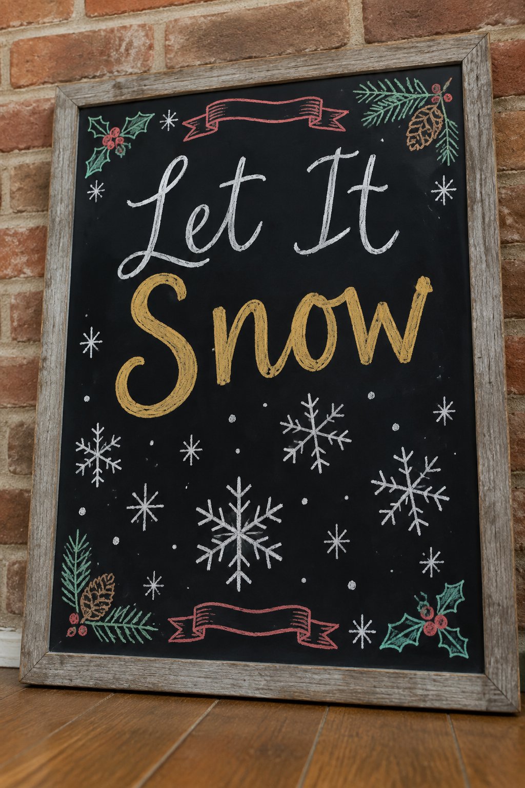 Let It Snow: a framed Christmas chalkboard sign reading "Let It Snow", hand-drawn in chalk with big snowflakes falling across the board.