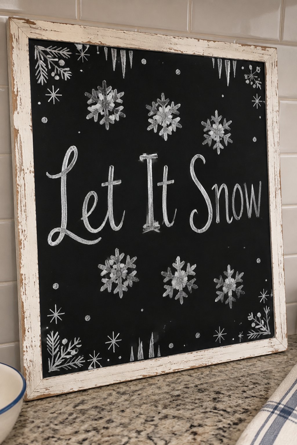 Let It Snow Porch Sign: a framed winter chalkboard sign reading "Let It Snow", hand-drawn in chalk with three fat snowflakes falling in a diagonal line above the words.
