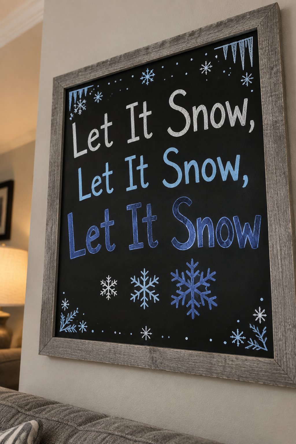 Let It Snow Trio Board: a framed winter chalkboard sign reading "Let It Snow, Let It Snow, Let It Snow", hand-drawn in chalk with three snowflakes of increasing size in a row beneath the words.