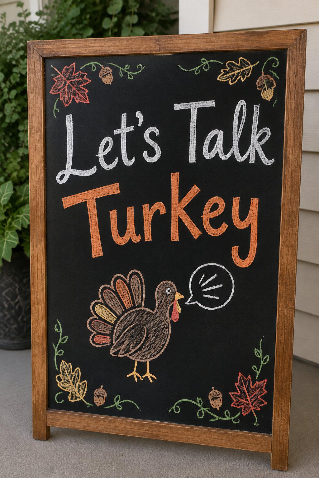 Let's Talk Turkey: a framed Thanksgiving chalkboard sign reading "Let's Talk Turkey", hand-drawn in chalk with a turkey with a speech bubble.