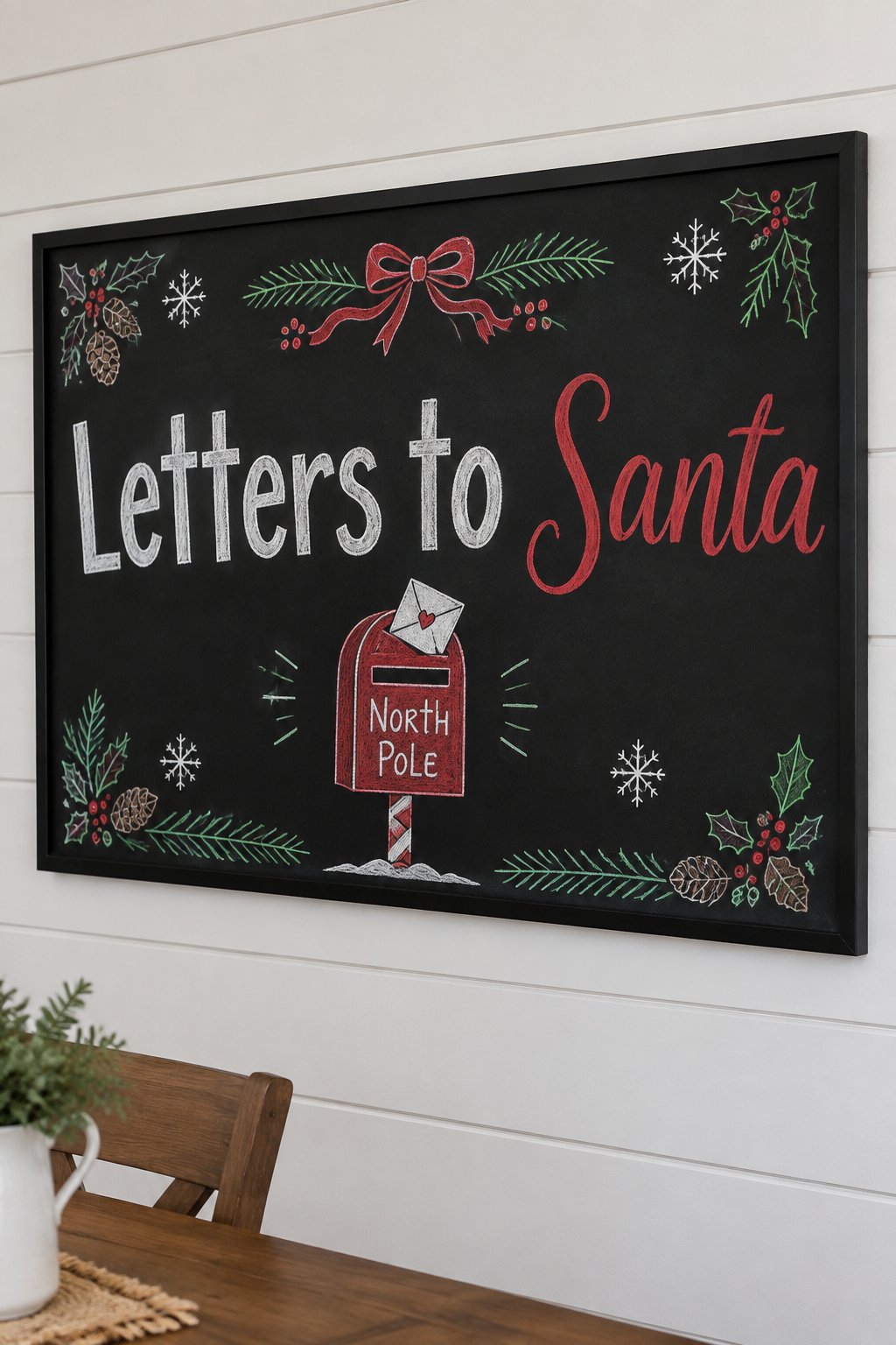 Letters to Santa: a framed Christmas chalkboard sign reading "Letters to Santa", hand-drawn in chalk with a mailbox marked North Pole with a letter sticking out.