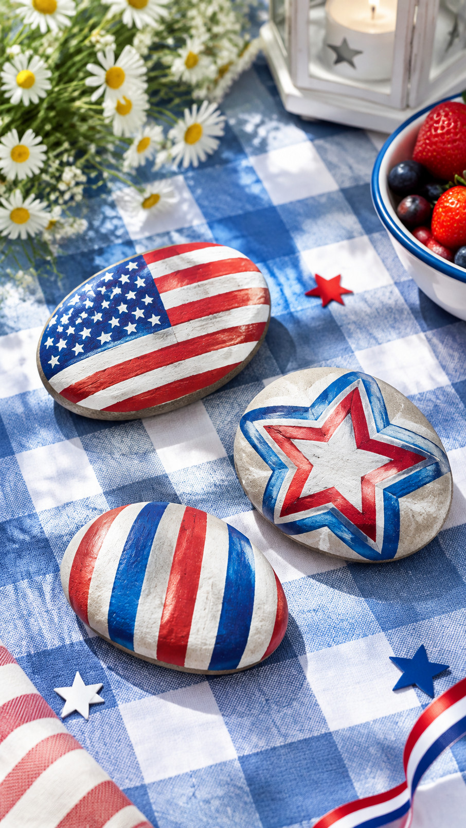 A painted rock decorated as a patriotic lantern with a golden center, red and white stripes, and blue accents.