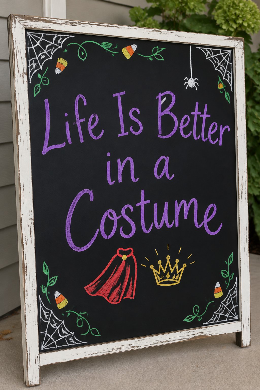 Life Is Better in a Costume: a framed Halloween chalkboard sign reading "Life Is Better in a Costume", hand-drawn in chalk with a small superhero cape and a little gold crown laid side by side.